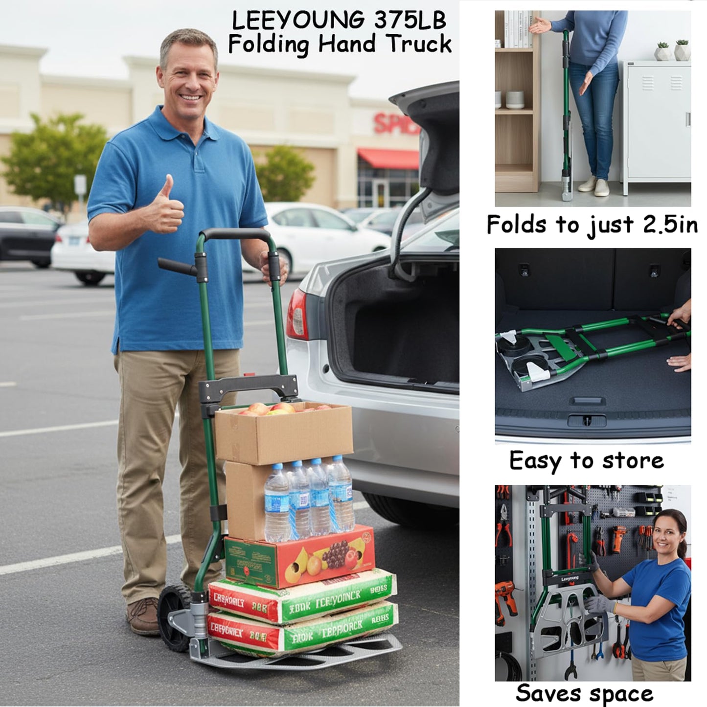 LEEYOUNG Upgraded Folding Hand Truck Dolly Cart Heavy-Duty 375lb，Aluminum Wheel Bracket & Portable Aluminum Dolly Cart, Indoor/Outdoor Use
