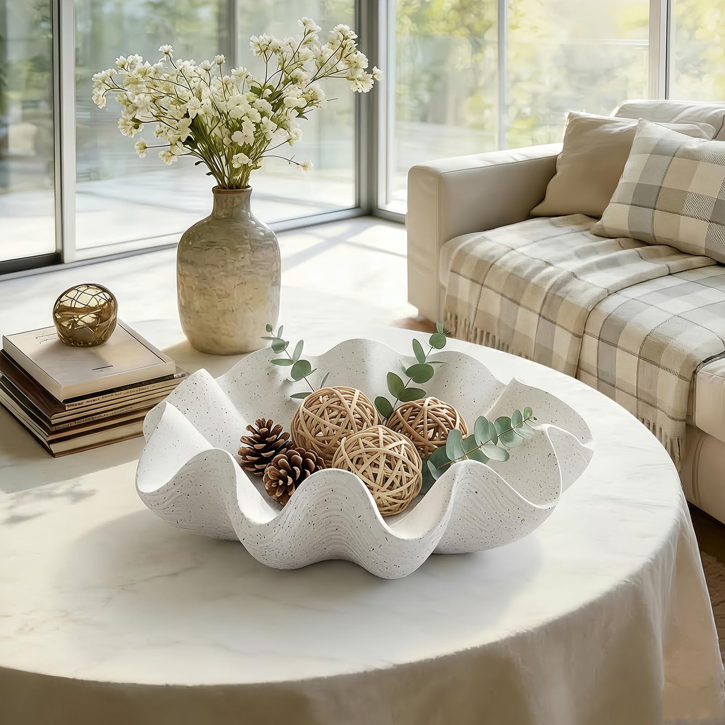 KEWOOL Scalloped Decorative Bowl Home Decor - 12.6" Modern Handicraft Large Shell Ruffle Decorative Fruit Bowl for Kitchen Counter, Chic Key Tray for Entryway Table, Artificial Stone White
