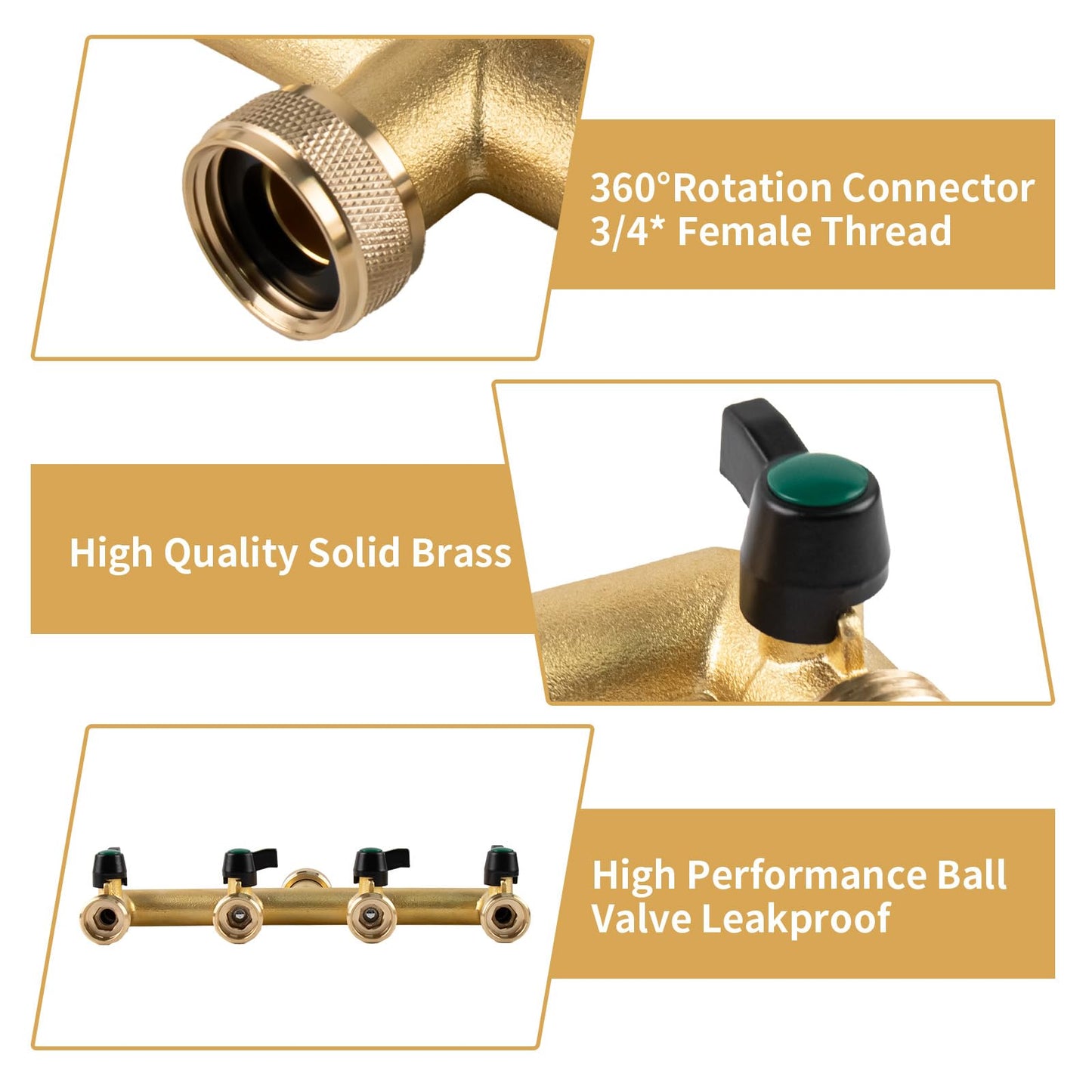 Heavy Duty Solid Brass 4 Way Hose T Tap Connection with 4 Individual On/Off Valve and Extended Handle, Garden Outdoor Pipe Tap Splitter