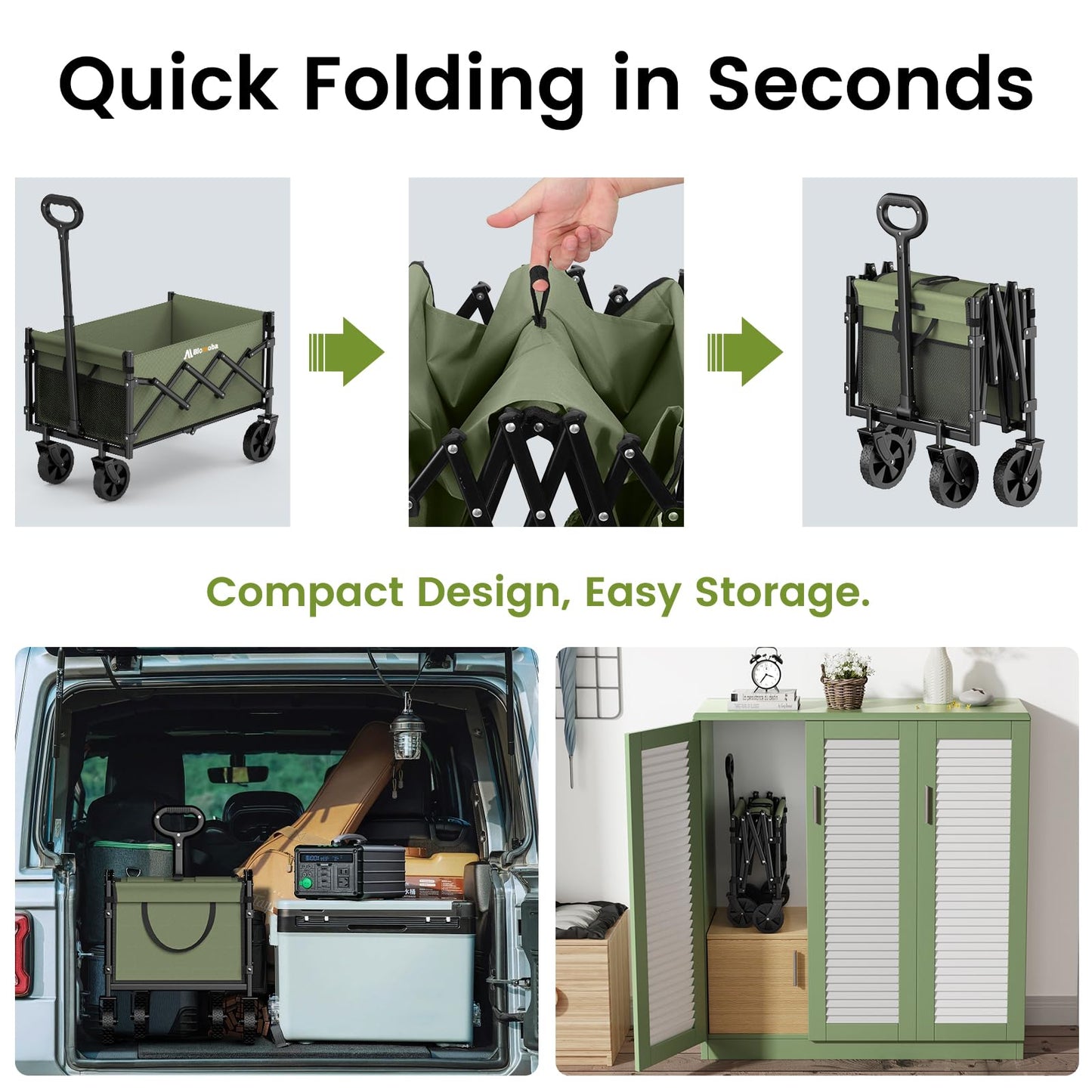 Collapsible Wagon with Wheels, 220 lbs Wagons Carts Foldable Wagon Cart with Flexible Handle, Lightweight Portable Folding Utility Grocery Shopping Cart for Grocery Sports Garden Camping, Green
