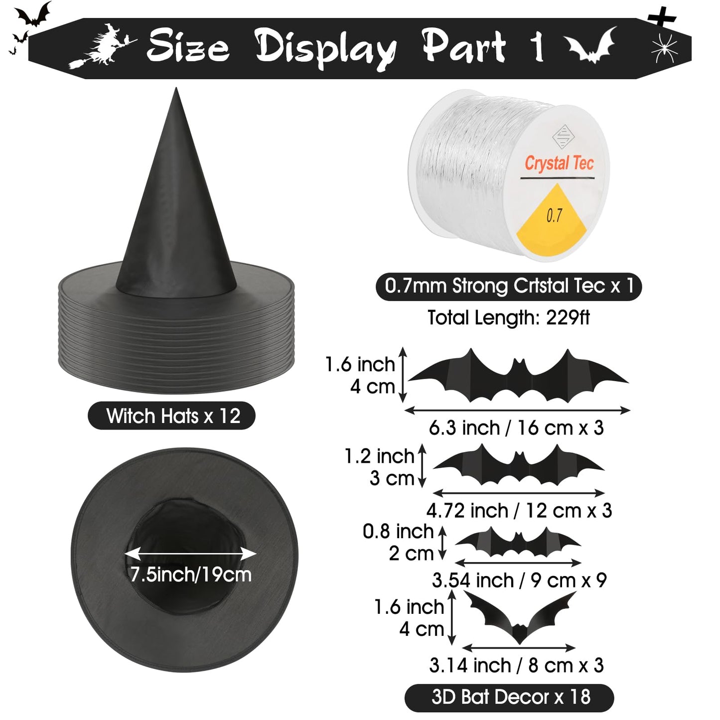 Sublaga 75 Pcs Halloween Decorations Kit, Halloween Witches Hats Black | Hanging Witch Hats Decorations with Spider Web and 18 Pieces Bats Decorations, 30 Pcs Spiders, 12 Brooms Halloween Decor