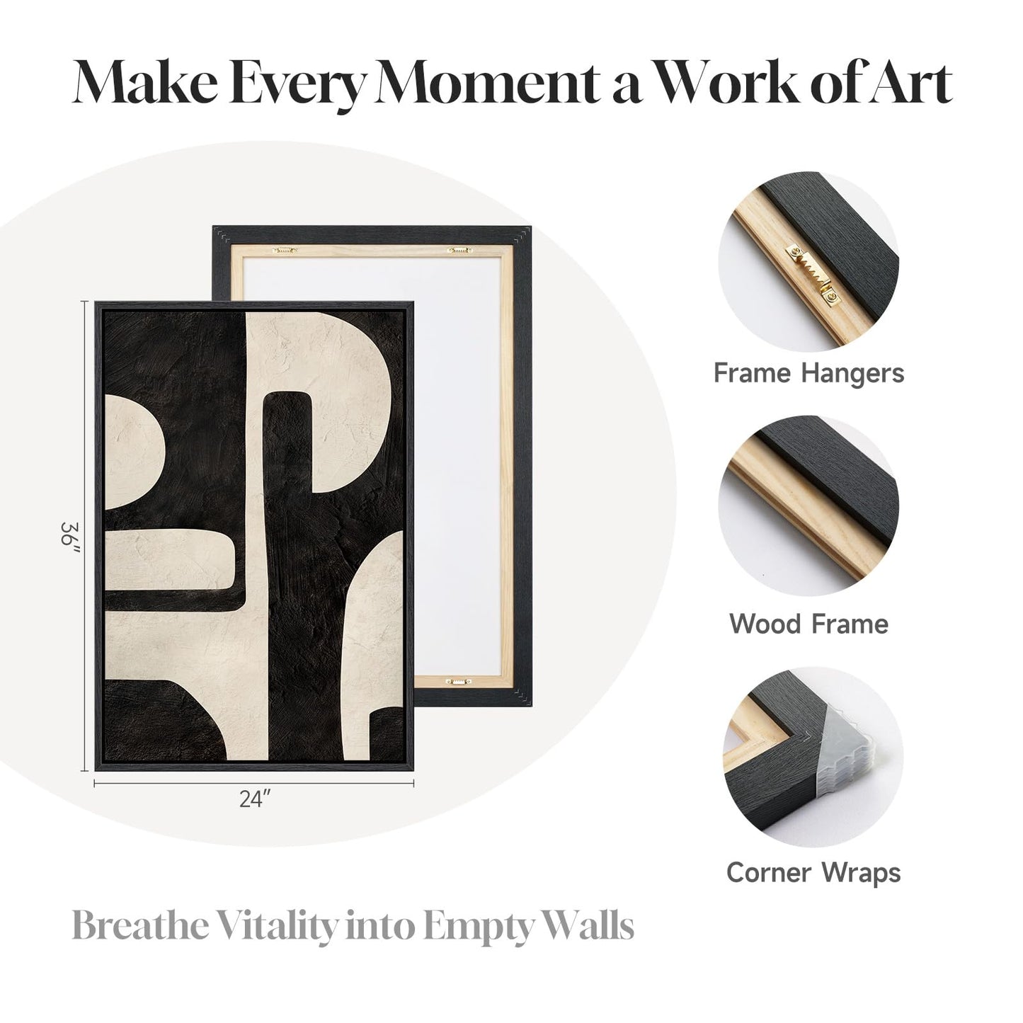 Large Framed Abstract Set of 2 Wall Art for Living Room, Neutral Black Beige Geometric Modern Canvas Artwork for Walls, Minimalist Painting Print Wall Decor Bedroom Hallway Home Office, 24x36 Inch