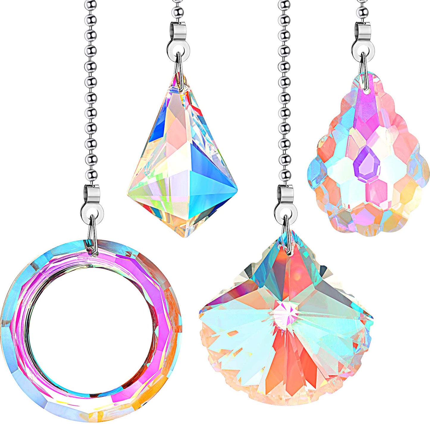 4 Pieces Crystal Ceiling Fan Pull Chain Decorative Rainbow Pull Chain Extension 20 Inch Ceiling Ornament with Ball Connector(Water Drop, Shell, Diamond, Ring)