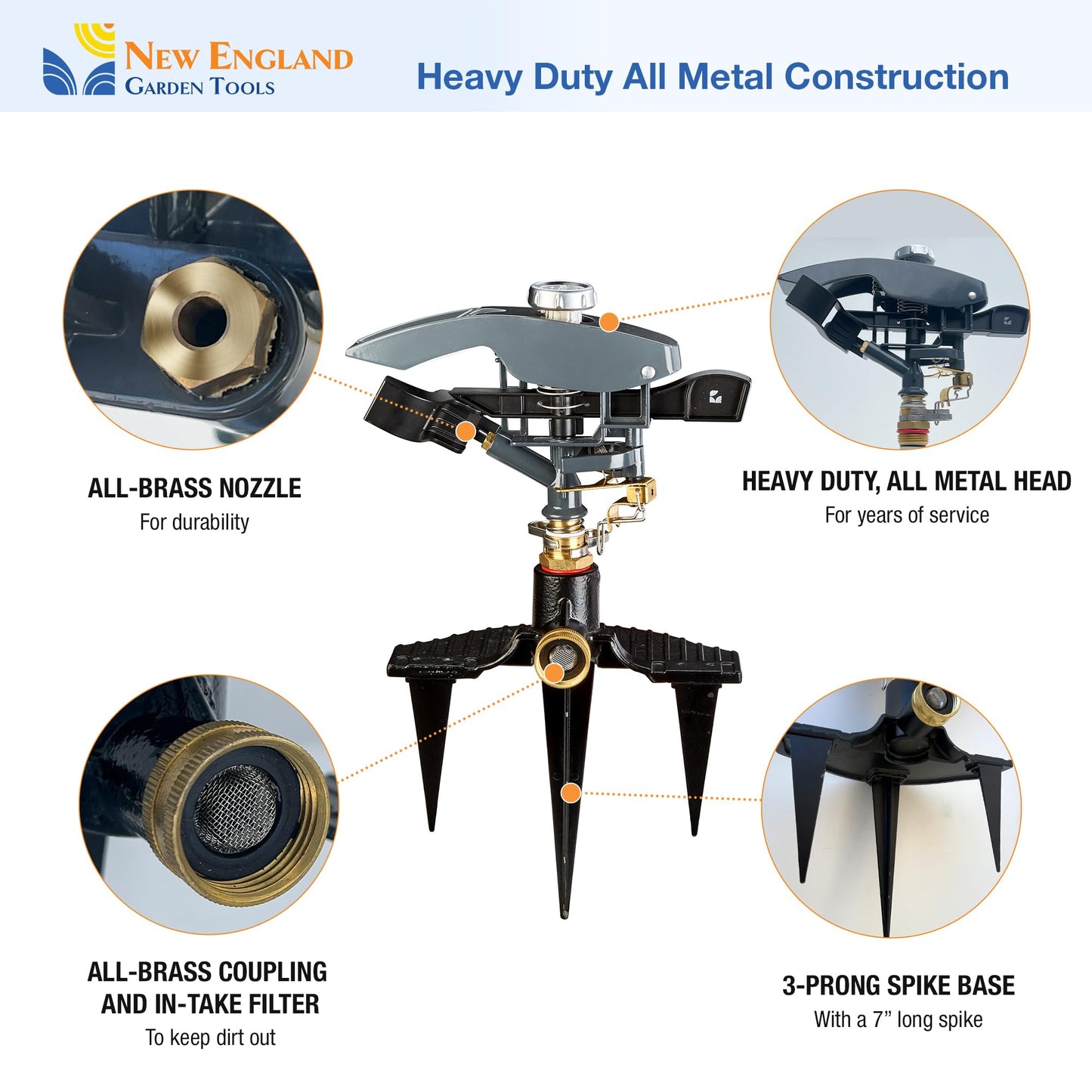 Heavy Duty Impact Pulsating Sprinkler 300004, Powerful Jet Reach 80 ft Diameter, 360° Range Control to Cover up to 5,000 Sq Ft for Farm, Lawn and Garden Irrigation, by New England Garden Tools