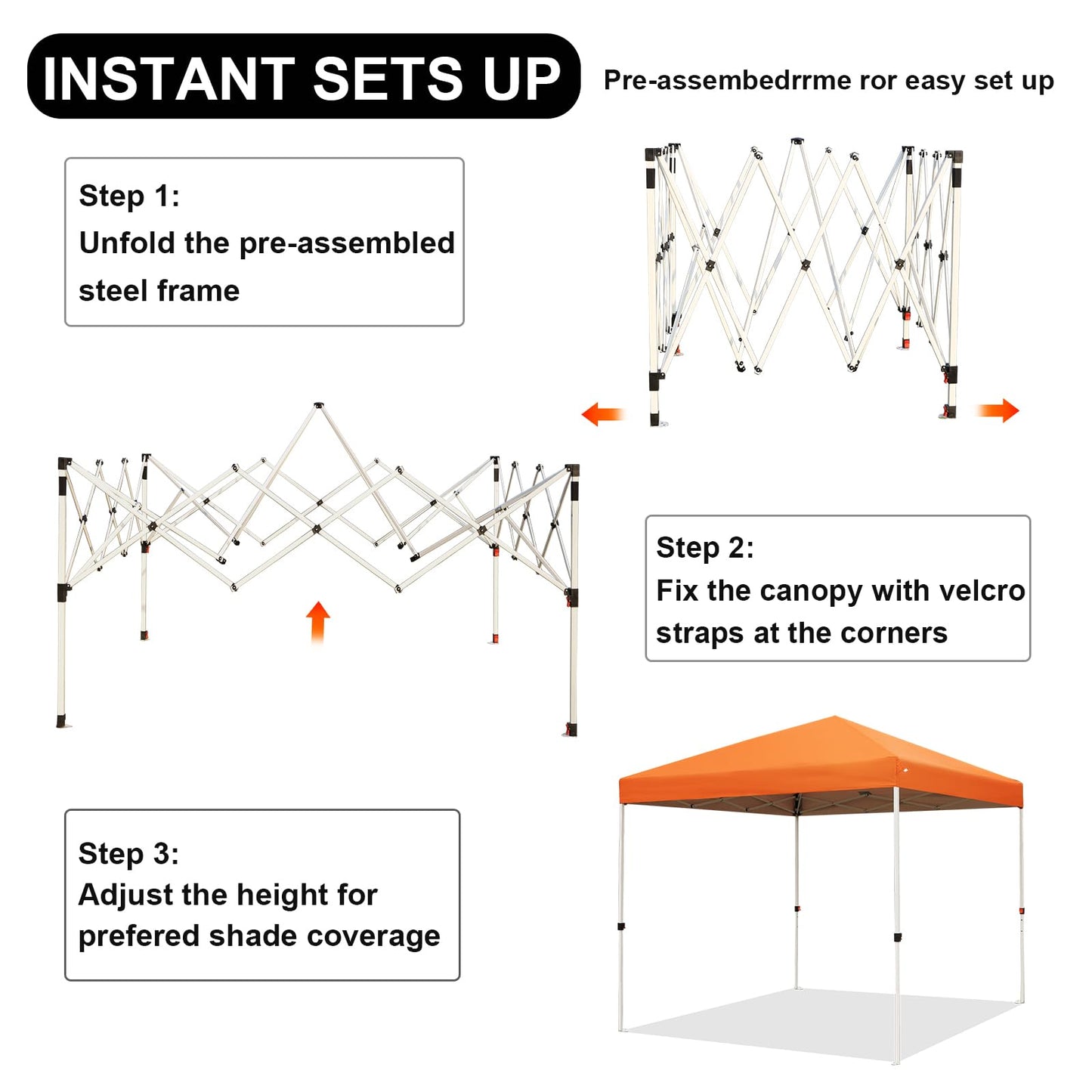 Northroad 8X8 FT Pop Up Canopy, Outdoor Instant Canopy Tent w/Carrying Bag, Portable Gazebo Shelter for Wedding Party,Commercial Event,Patio,Garden,Beach -Orange