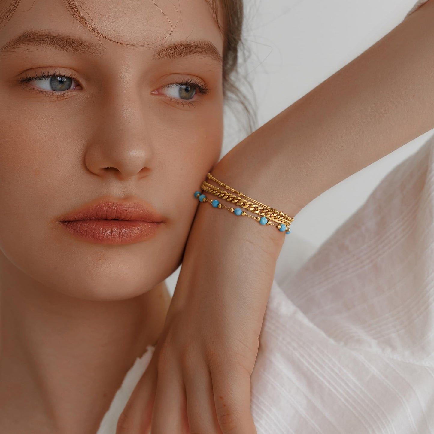 MEVECCO Gold Round Turquoise Beaded Bracelets,14K Gold Plated Handmade Cute Dainty Bracelet for Women