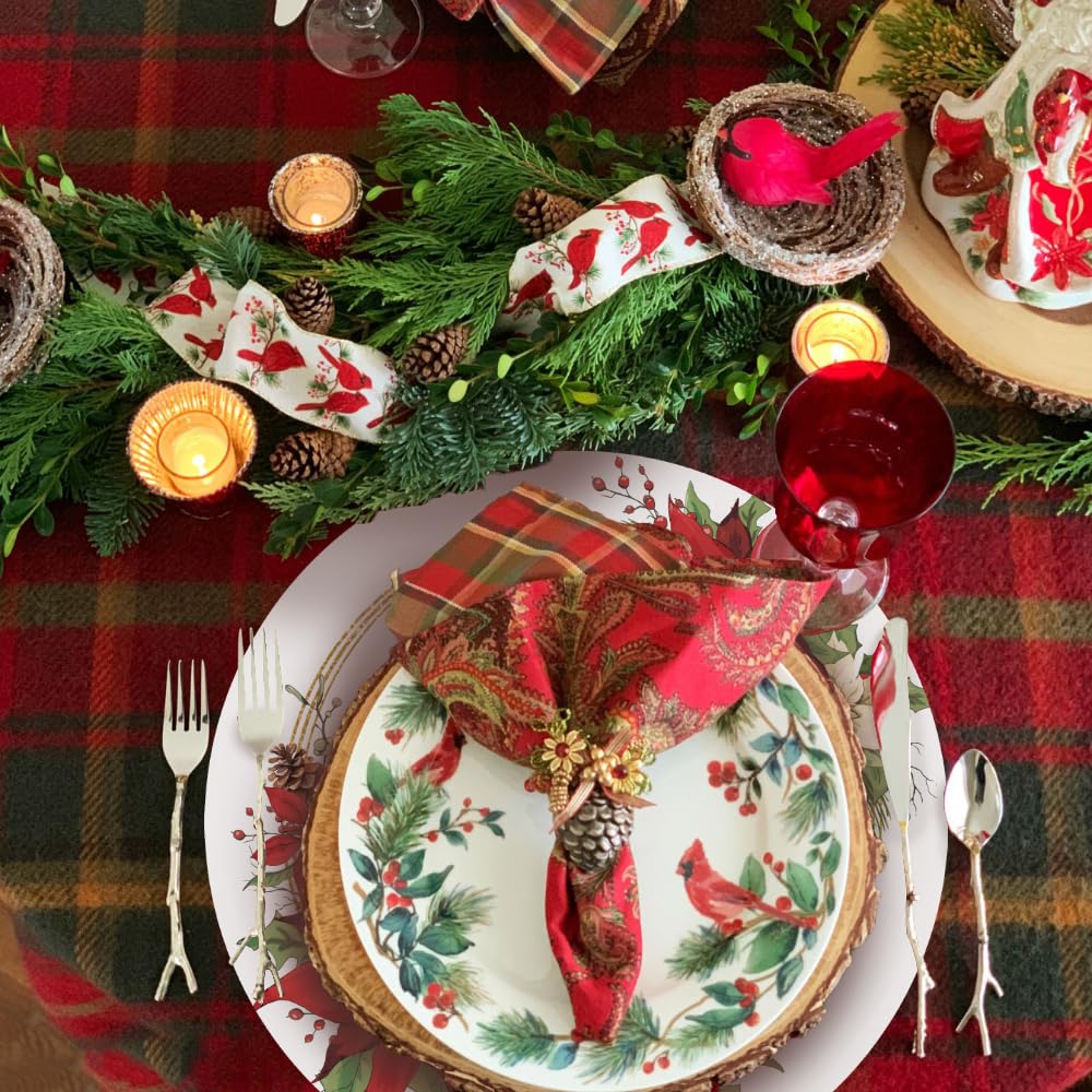 50 Pack Christmas Paper Placemats 13.7 Inch Xmas Poinsettia Disposable Round Place Mats Winter Red Green Table Mats for Holiday Christmas New Years Party Home Dinner Table Setting