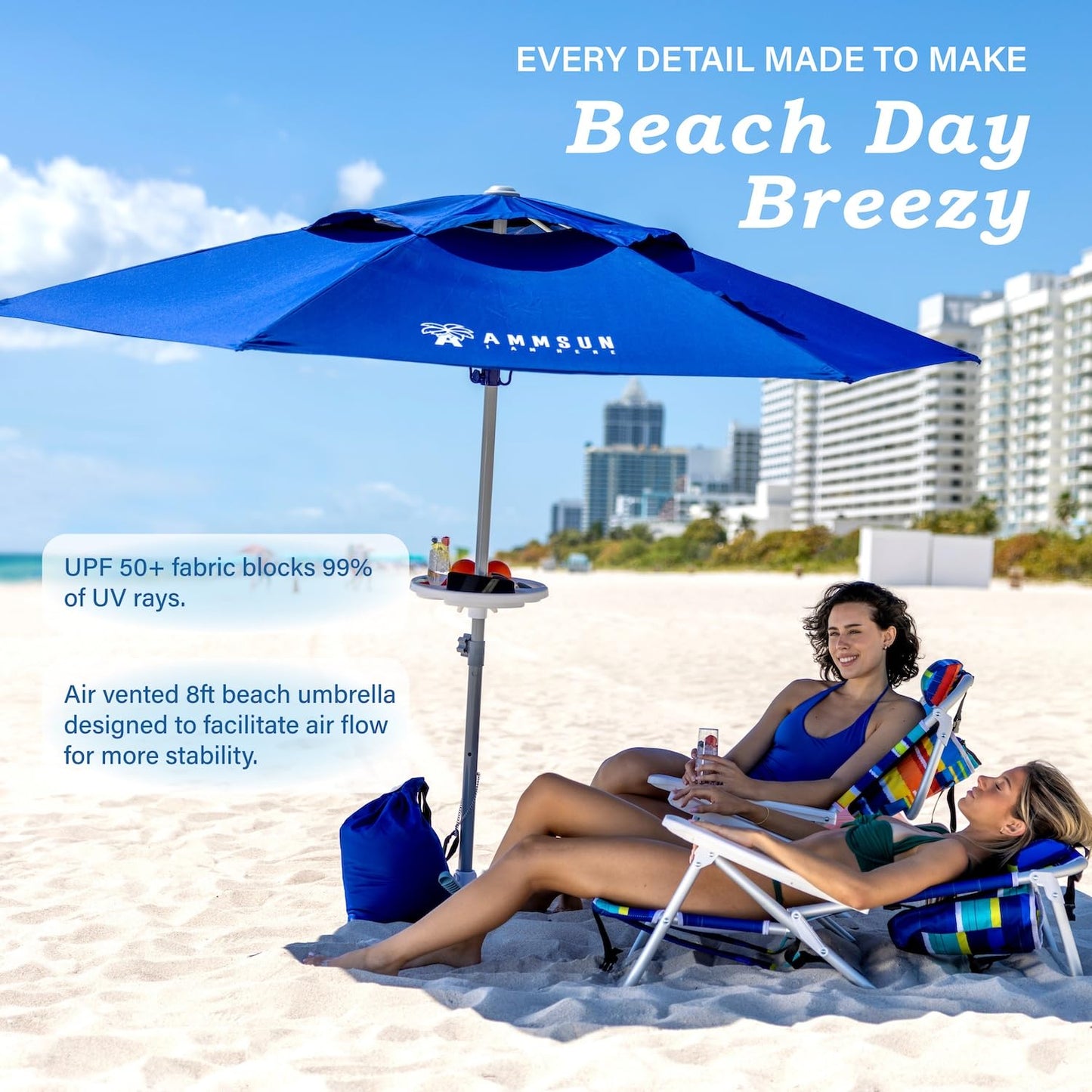 AMMSUN 8ft Large Beach Umbrellas for Sand Heavy Huty Wind Portable Commercial Grade Patio Beach Umbrella with Sand Anchor Adjustable Height Air Vent UPF 50+ Telescoping Pole without tilt Dark Blue
