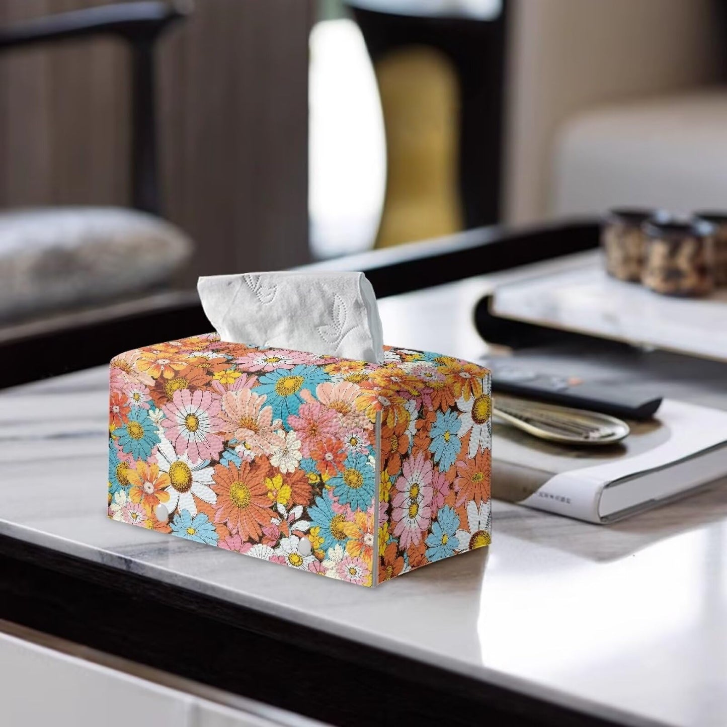 YUVAMAGIMO Daisy Leather Box Exquisite and Lovely Rectangular Tissue Box Cover Cubic and Shaped Reusable Facial Tissue Box Cover Suitable for Girls' Dressing Table Countertop Decorative Room
