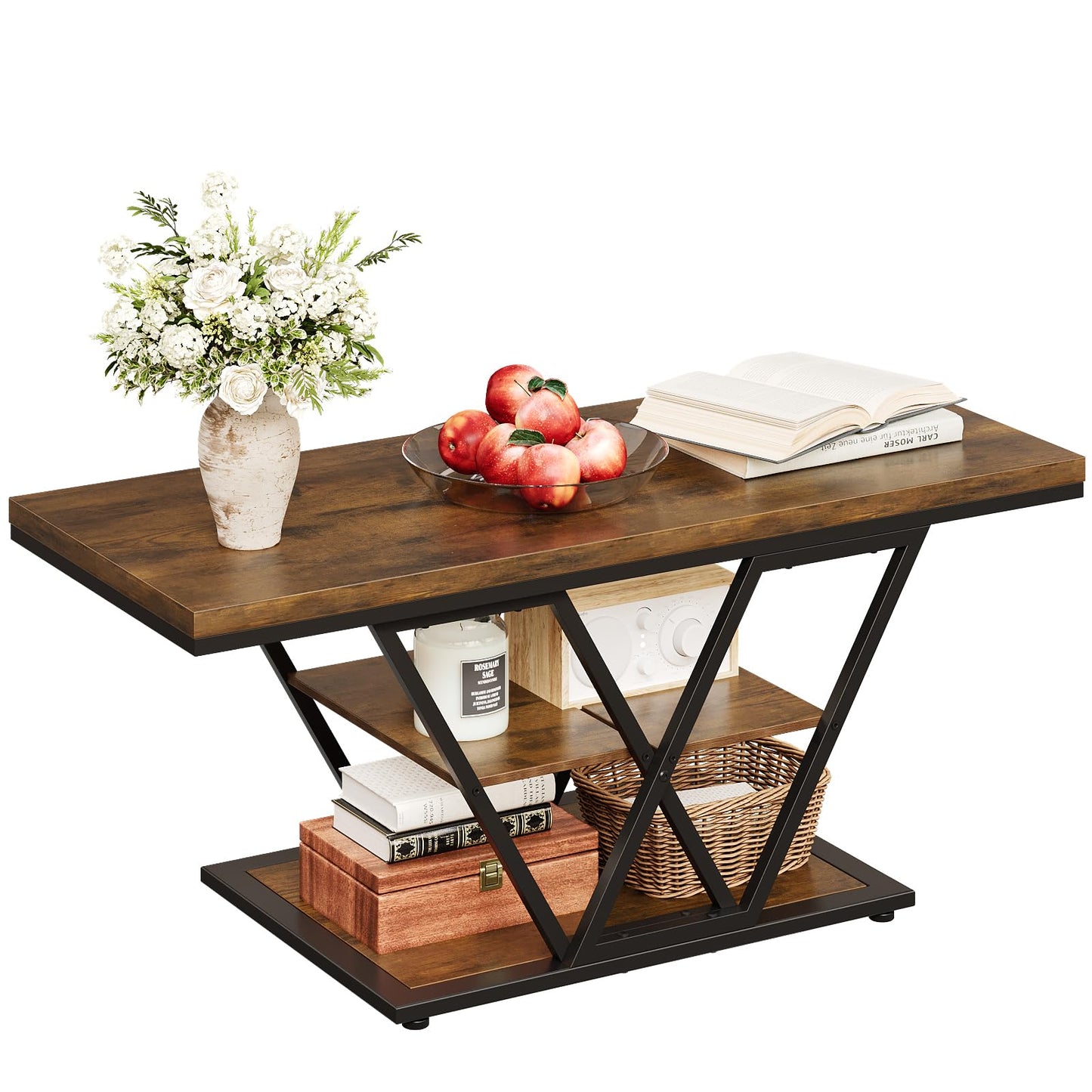 Espelism Coffee Table with Storage Industrial 3 Tier Center Living Room Table Farmhouse Wooden Rectangle Cocktail Rustic Tea Table for Office Bedroom(Brown)