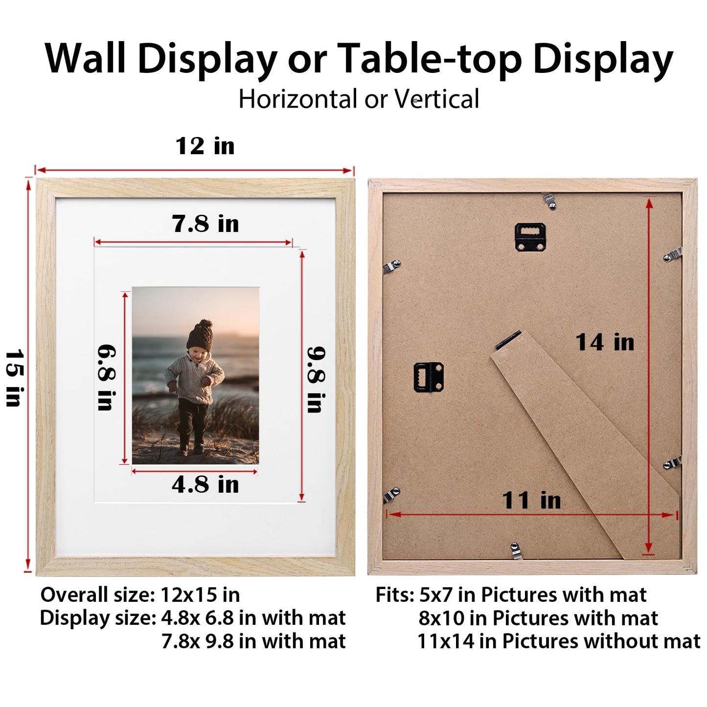 KINLINK 11x14 Picture Frame Natural, Solid Wood Frames 14x11 with Acrylic Plexiglass for Pictures 5x7/8x10 with Mat or 11x14 without Mat, Tabletop and Wall Display Photo Frame Set of 4