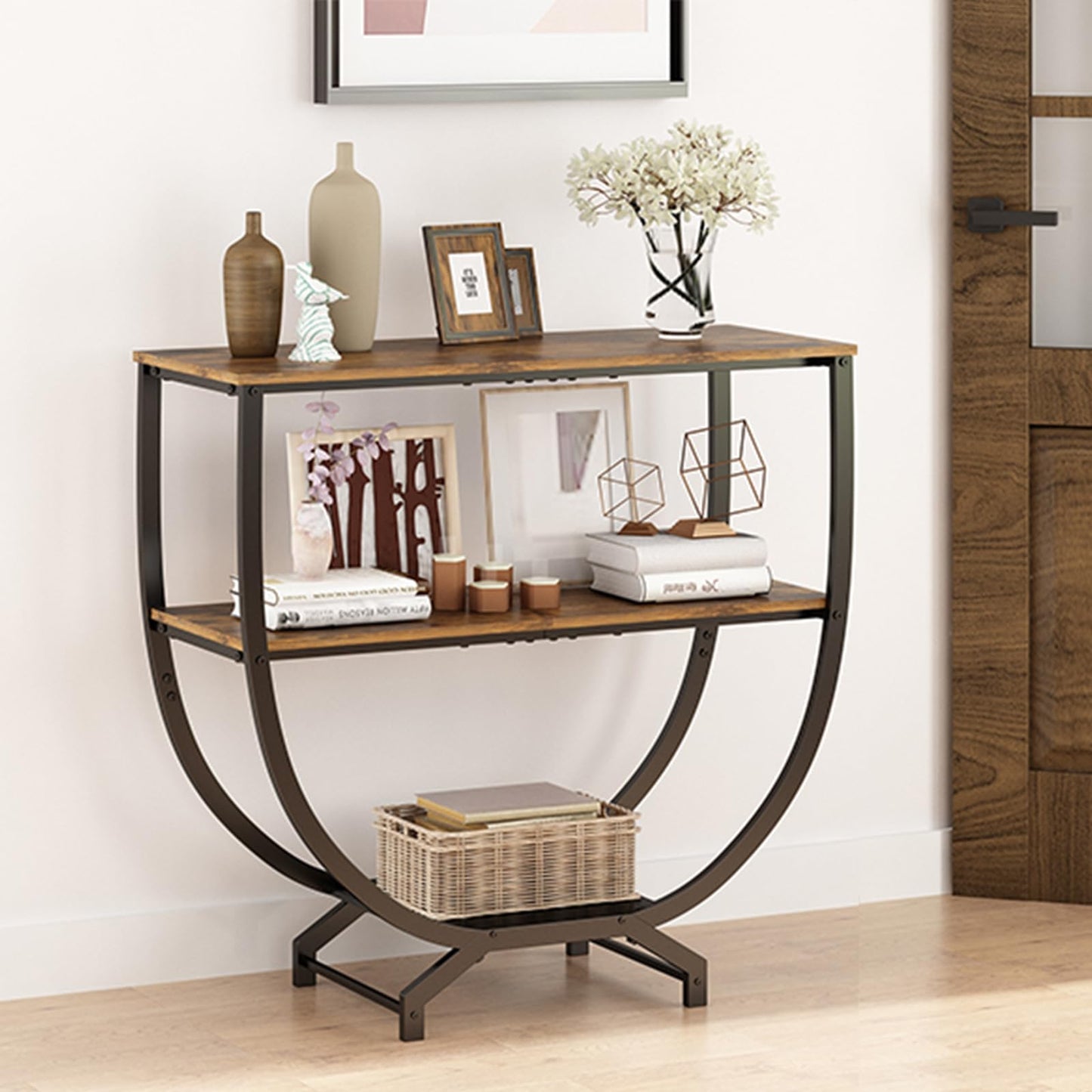 GILLAS 3 Tier Console Tables, 30" Height Entryway Table, Sofa Table Behind Couch, Industrial Entryway Furniture TV Stand with Storage for Living Room, Easy No-Extra-Tools Assembly, Rustic Brown