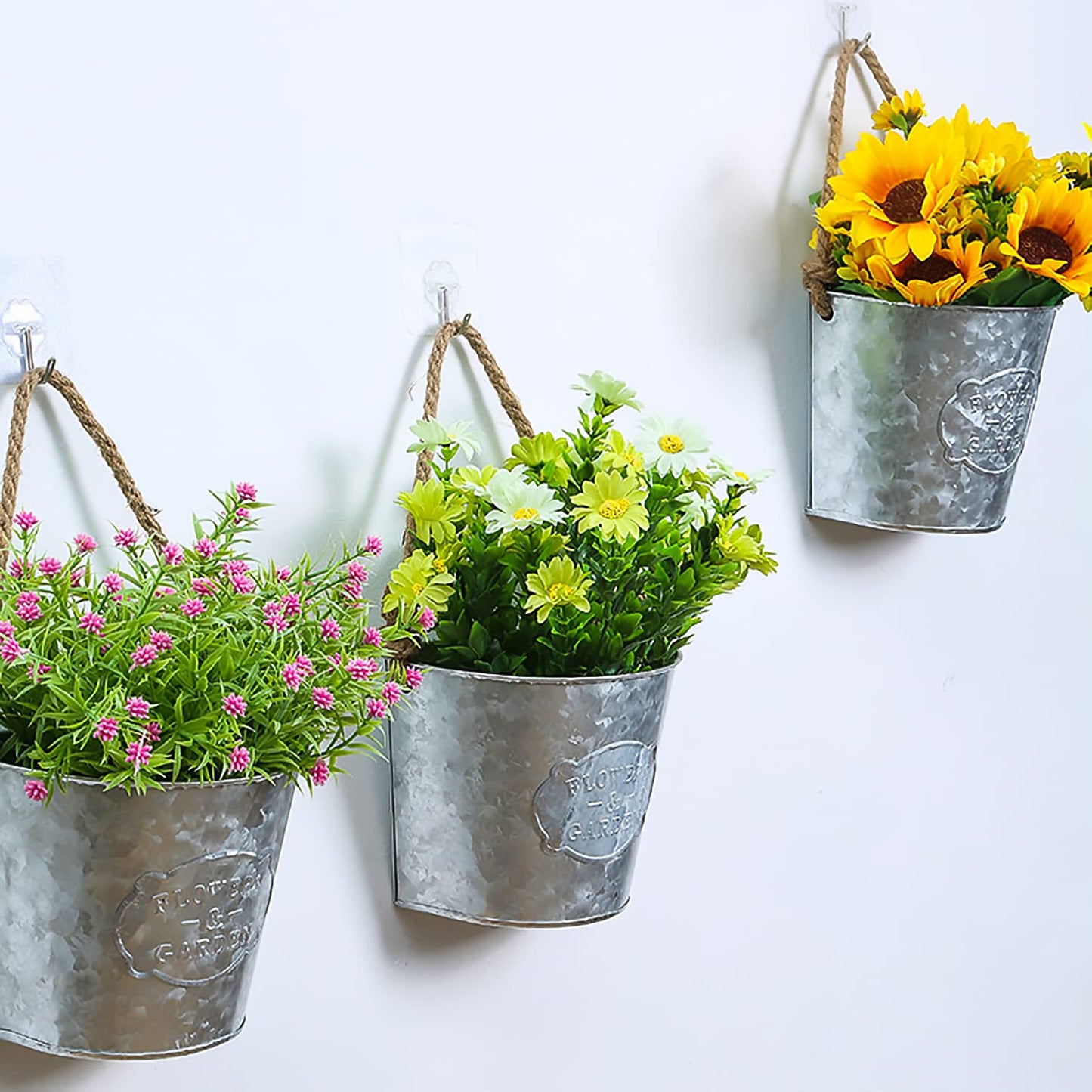 XONOR 4Pcs Galvanized Metal Hanging Wall Planter, Rustic Wall Flower Vase for Succulents Herbs Country Home Farmhouse Wall Decoration (1)