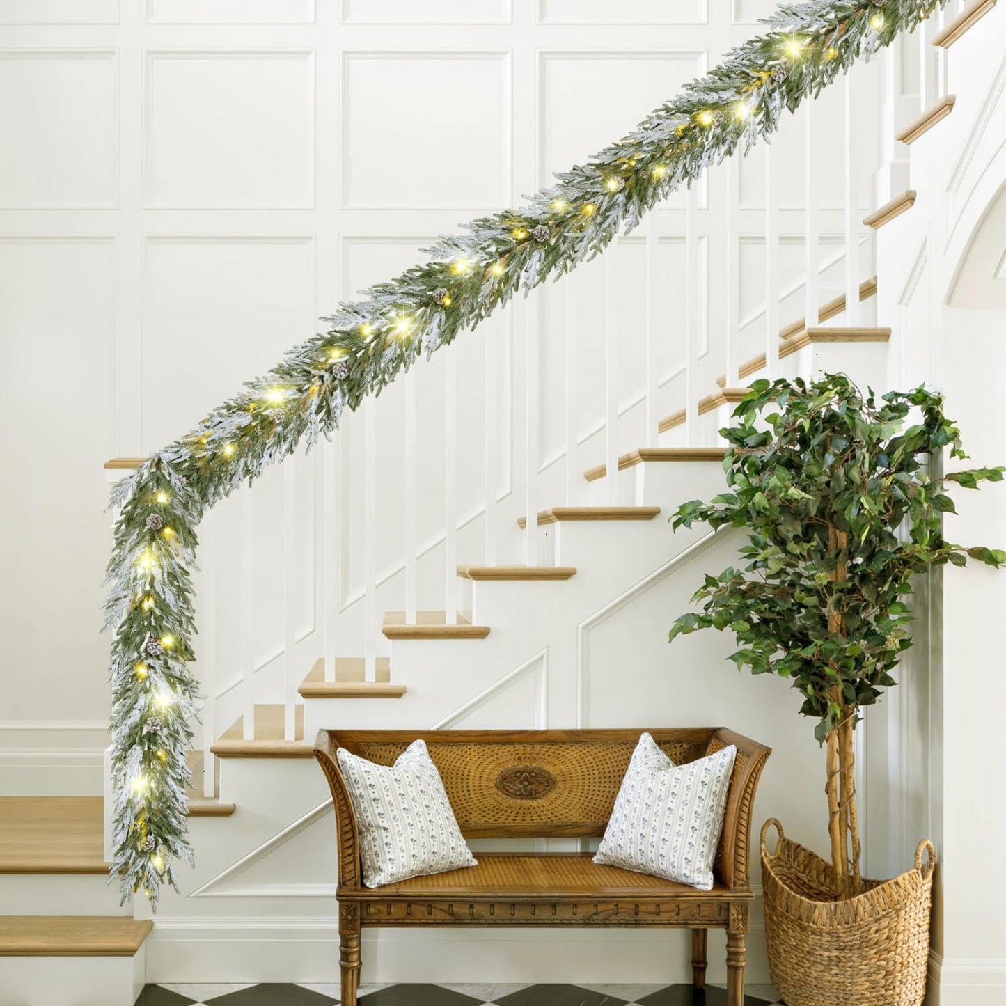 YoleShy 6FT Real Touch Norfolk Pine Garland Christmas Garland with Pinecone and White Snow (1, 6 FT)