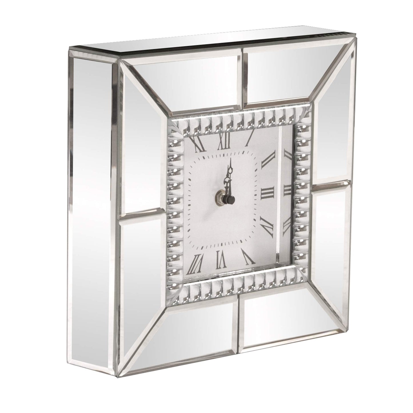 Howard Elliott Collection Mirrored Finish Table Clock with Beaded Glass Trim, Decorative Silver Mirror Clock for Office, Desk or Bedside Table, Gift for Wedding, Anniversary and Birthdays 10 x 10 Inch