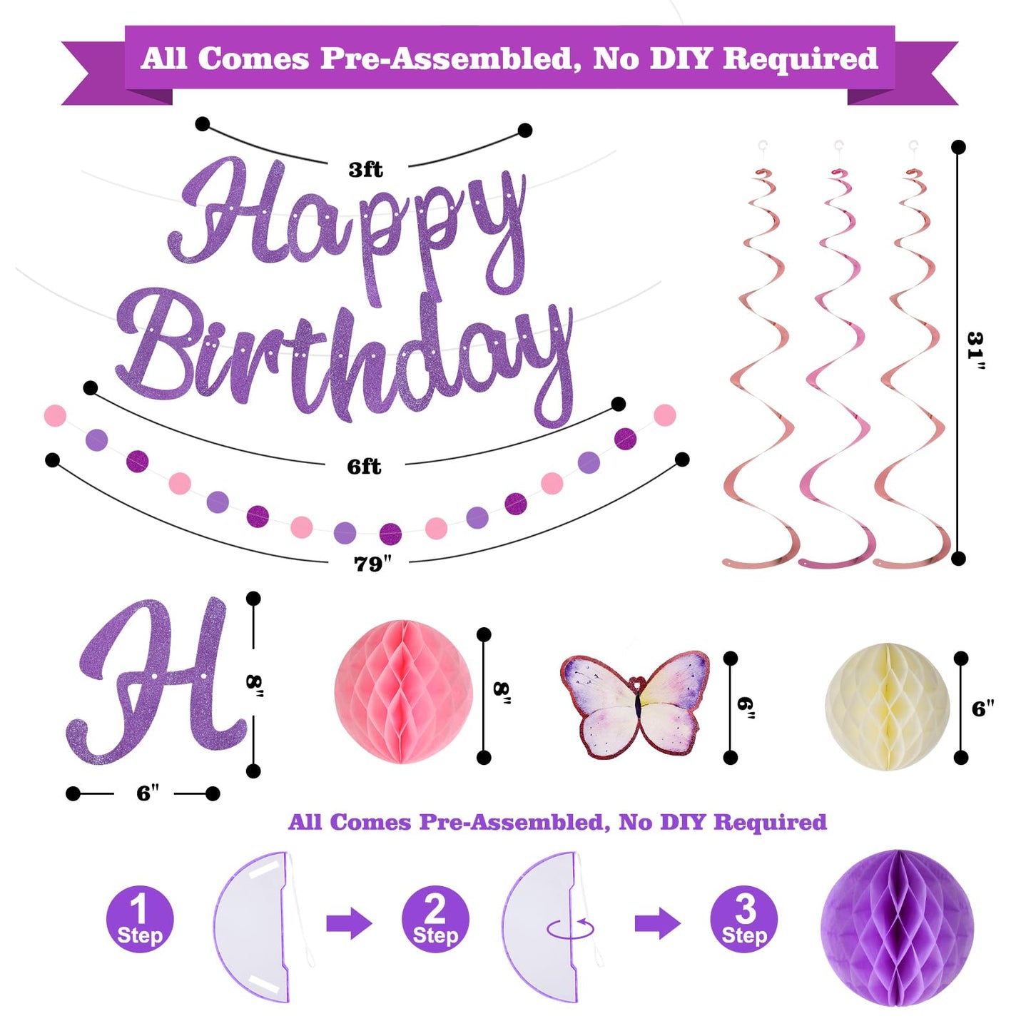YEOCU Birthday Decorations, NO DIY, Pre-Strung Happy Birthday Banner with Honeycomb Balls, Hanging Swirls, Circle Dots Garland, Happy Birthday Party Decorations for Women Men Boys Girls (Purple)