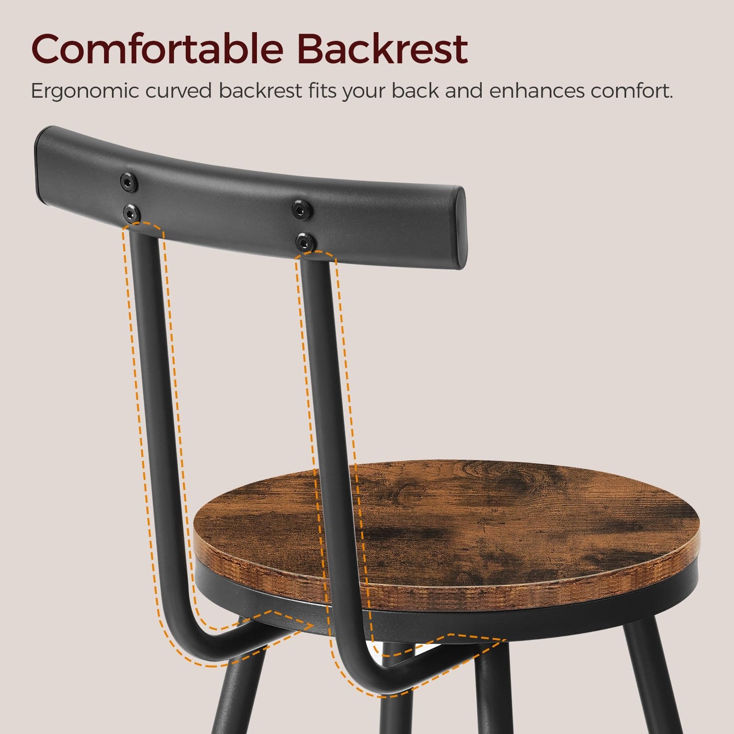MAHANCRIS Bar Stools, Set of 2 Bar Chairs with Backrest and Footrest, 26" Tall Counter Stools, Metal Frame, Adjustable Feet, Easy Assembly, for Kitchen, Living Room, Pub, Rustic Brown BAHR6001