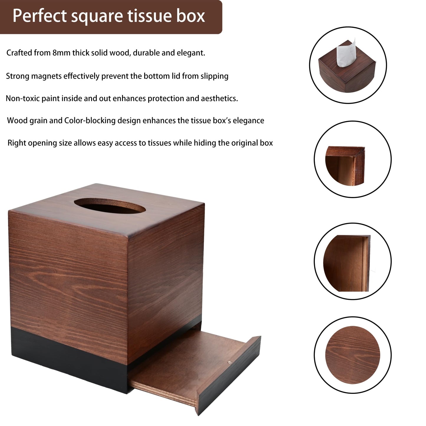 Chicvilla Tissue Box Cover Square, Wooden Tissue Box Holder with Slide-Out Bottom, Wooden Tissue Box Cover Cube for Bathroom, Bedroom, Dinner Table, 5.5 x 5.5 x 6.1 inches, Pine Wood
