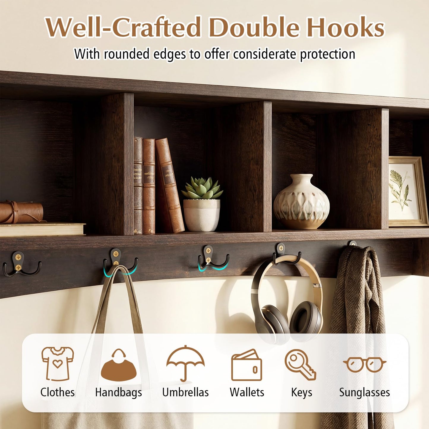 Giantex Wall Mounted Coat Rack, 28.5'' Wooden Floating Shelf with 4 Cubbies & 5 Double Hooks, Modern Space-Saving Storage Display Organizer for Entryway, Hallway, Mudroom (Rustic Brown)