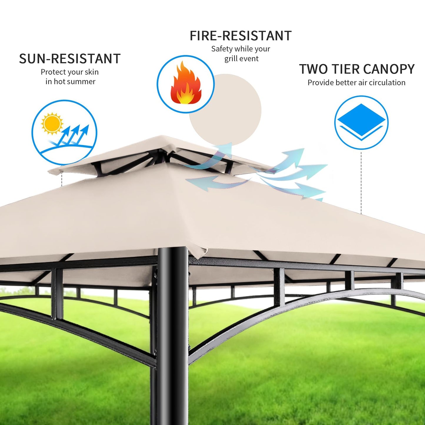 FAB BASED 5x8 Grill Gazebo, All-Weather Steel Construction, Double Tiered & Resistance Canopy Roof, Metal Serving Shelves, 2 LED and Bottle Opener for Patio, Backyard, BBQ (Beige)