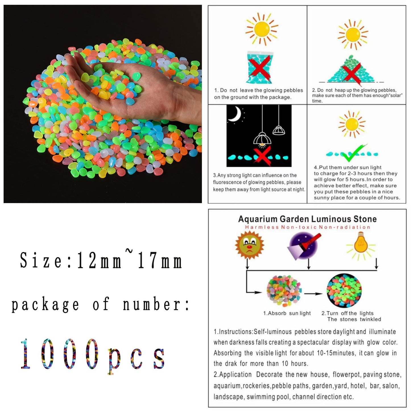 OMCleaner Glow in The Dark Stones 1000 Pcs Glow Pebbles Aquarium Rocks for Fish Tank Lawn Yard Garden Walkway Plant Pots (Rainbow)