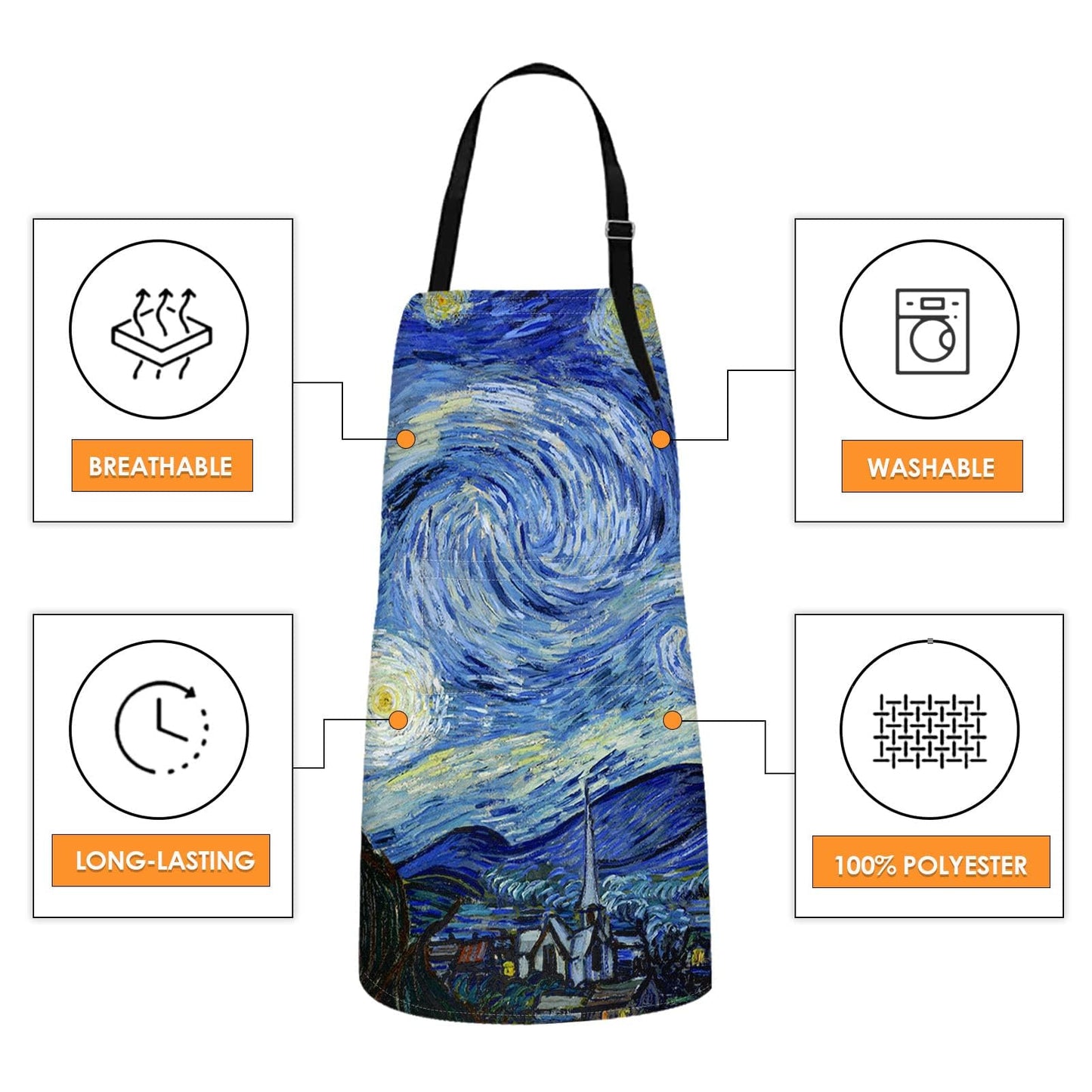 Britimes Apron Home Kitchen Cooking Baking Gardening for Women Men With Pockets Starry Night Oil Painting 32x28 inch