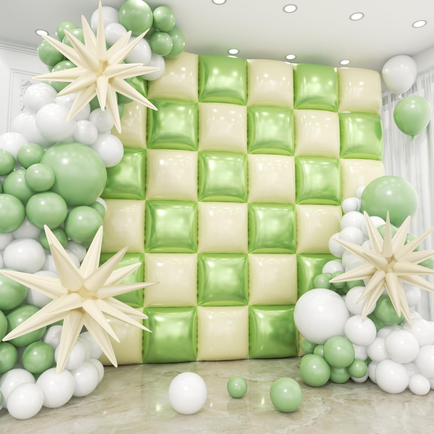 HKYOOD 36pcs Cream Green and Cream White Square Foil Balloons Wall Backdrop with 147pcs Balloon Garland Arch Kit, Double Sided Balloons for Birthday Wedding Bridal Shower Baby Shower Party Decorations