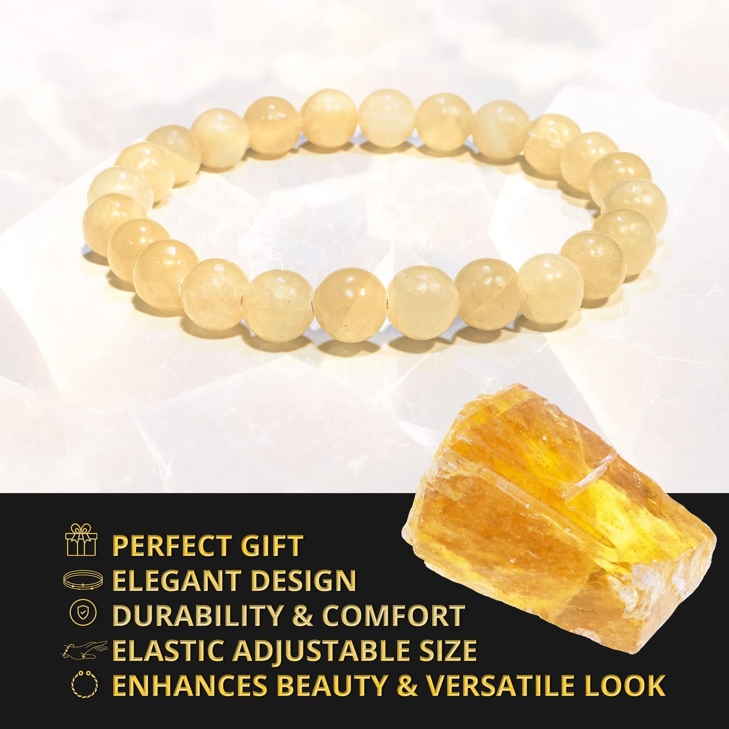 ANAYA AGATE Yellow Calcite Bracelet – Healing Crystal Bracelet for Women and Men – 8mm Round Beaded Bracelet for Protection, Positive Energy – Elastic Adjustable Size Gemstone Bead Bracelet