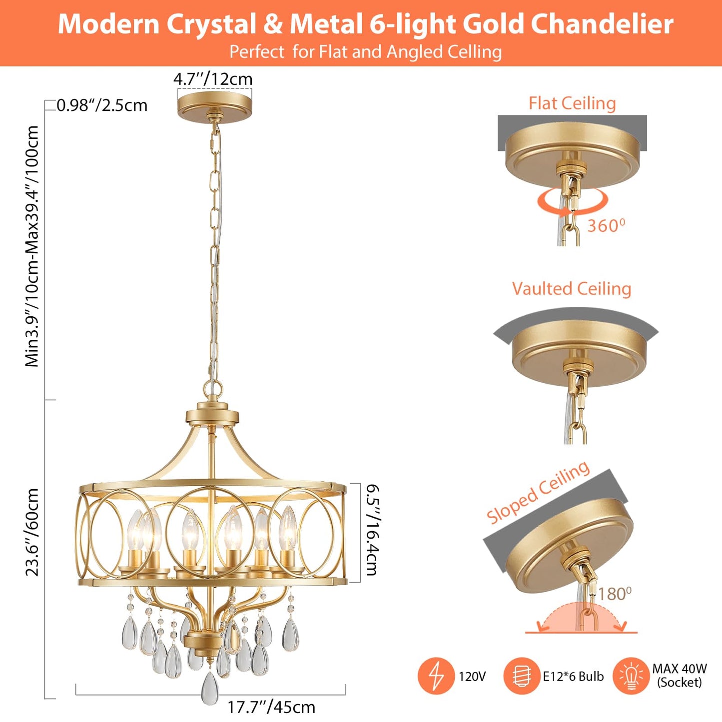 Majhoiw 6-Light Modern Gold Crystal Chandelier, 17.7" Farmhouse Ceiling Light Fixture, Hanging Metal Pendant Lights Kitchen Island Dining Room Entryway Foyer