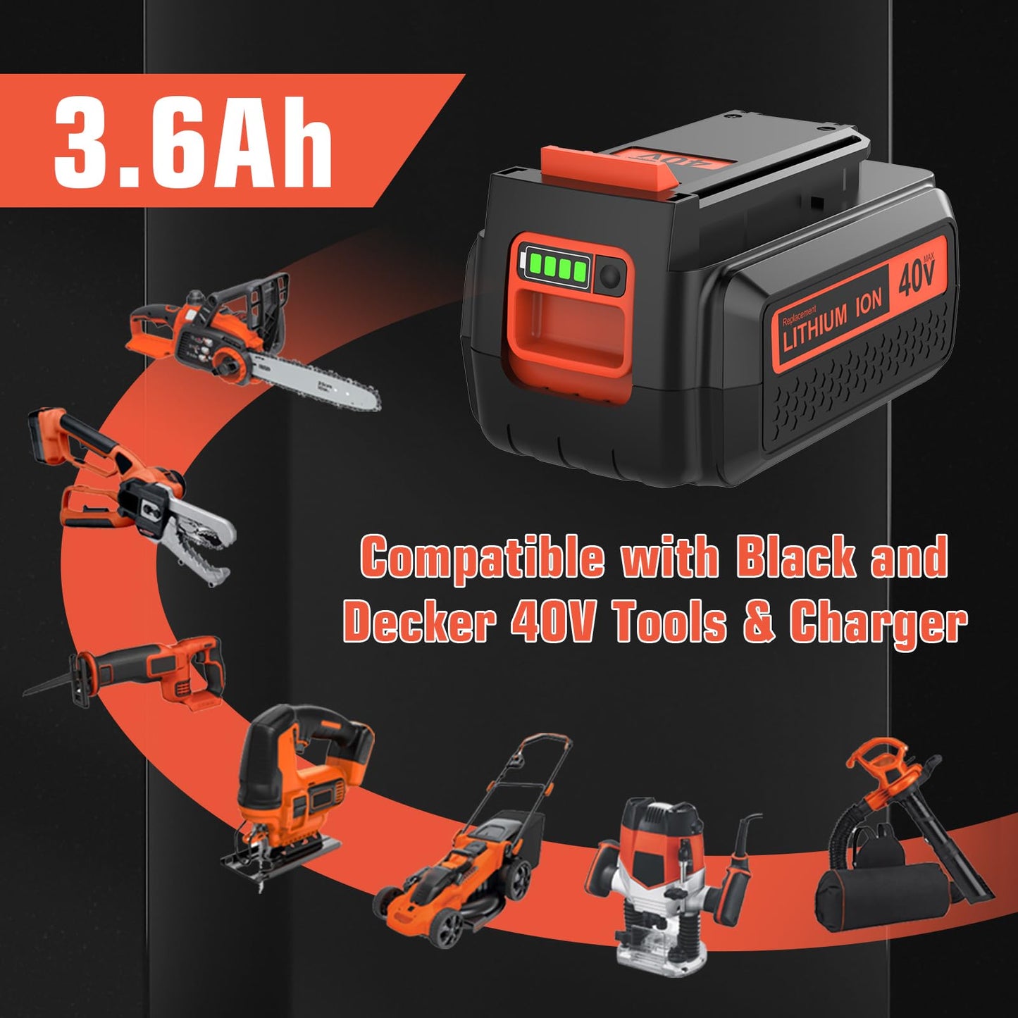 2-Pack 3600mAh LBX2040 Lithium ion Replacement Battery and Charger Compatible with Black and Decker 40 Volt Battery LBX2040 LBXR36 LBXR2036 LST540 LCS1240 LBX1540 LST136W Cordless Power Tool(Orange)