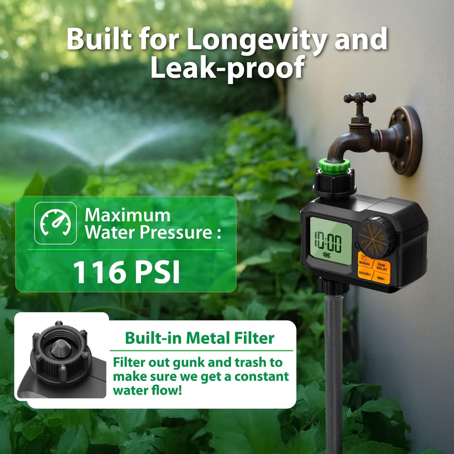 Garnen Sprinkler Timer, Garden Water Hose Faucet Timer, 1 min-7 Days Programmable with Rain Delay/Manual/Automatic Watering Controller System, Digital Drip Irrigation for Yard, Lawn, 1 Outlet
