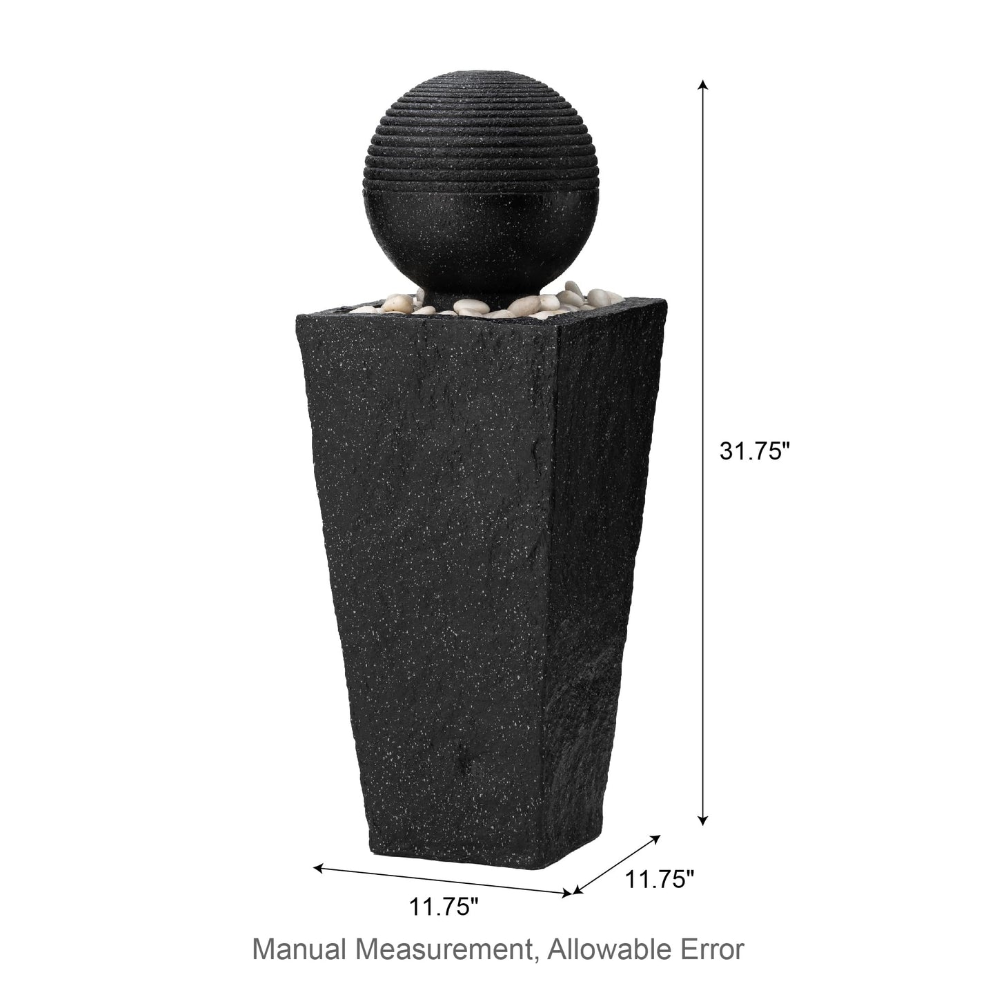 Glitzhome Outdoor Water Fountain with LED Light, Decorative Black Pedestal Water Fountains with Submersible Pump, Modern Sphere Floor Fountain with Pebbles for Garden Patio Decor Porch, 31.75”H