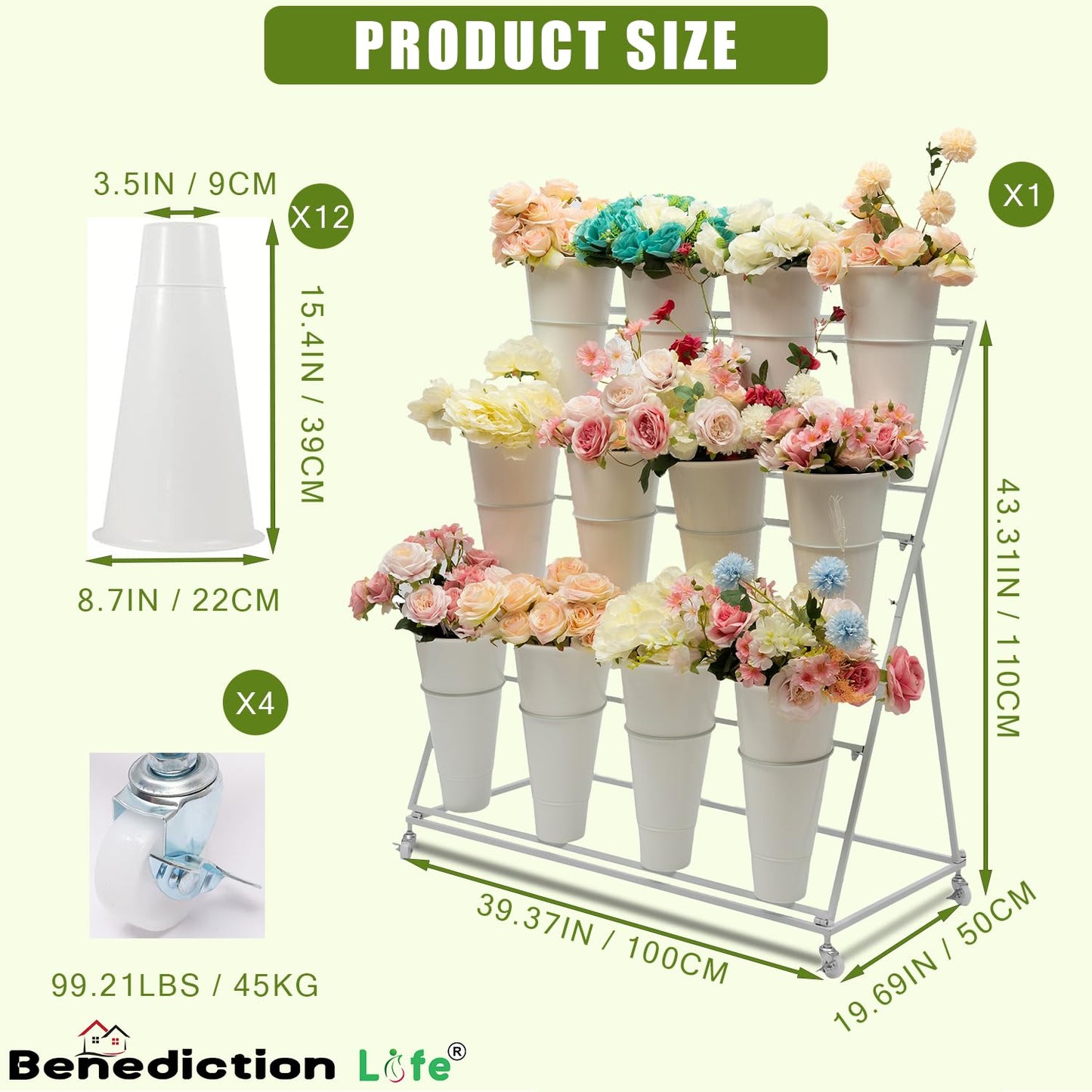 Benediction Life Flower Display Stand With Wheels,3 Layers Plant Cart with 12PCS Buckets,Heavy Duty Moving Flower Rack for Indoor, Outdoor Patio Garden, Living Room, Florist, Delivered in Two Packages