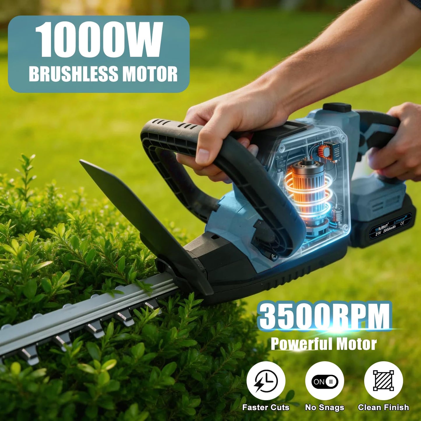 22'' Hedge Trimmer Cordless, Electric Handheld Bush Clipper with 180° Rotatable Handle, LCD Display, Brushless Motor, Battery Powered Bush Trimmer for Yard, Garden, 2 * 2.0 Batteries & Charger, Blue