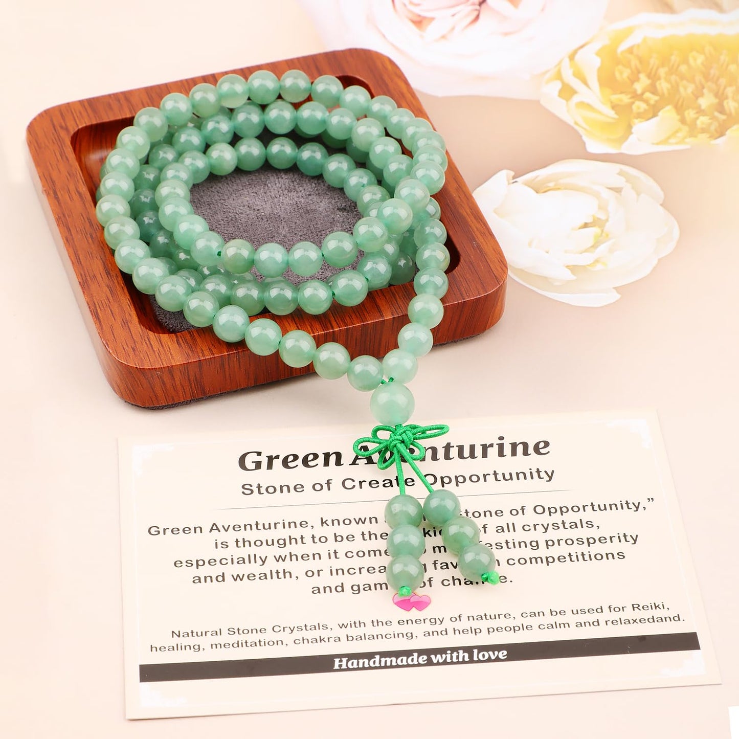 AD Beads 8mm 108 Prayer Mala Green Aventurine Elastic Bracelet - Create Opportunity - Handmade Yoga Meditation Healing Power Energy Gifts for Unisex Adult.