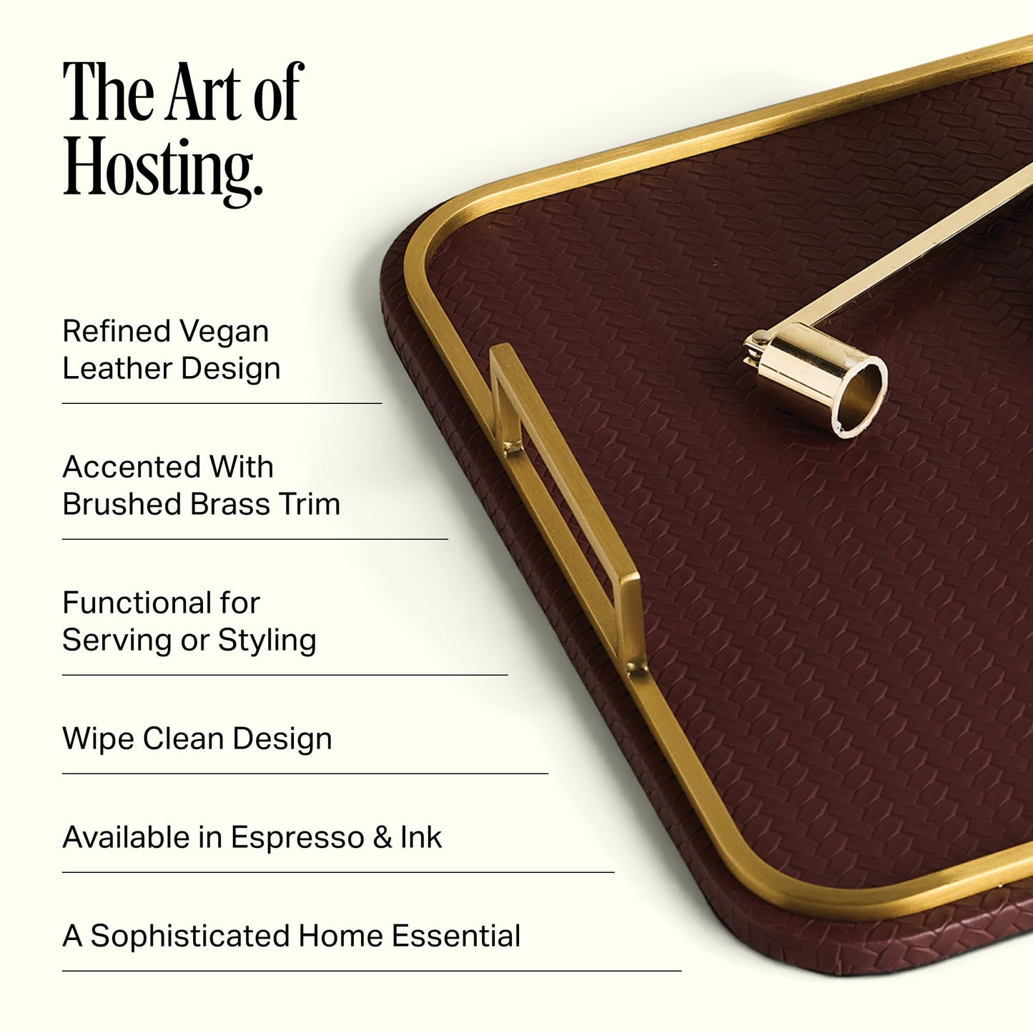 Preston Lane Mayfair Decorative Tray – Vegan Leather with Woven Texture, Brushed Brass Handles – Serving, Dresser & Coffee Table Tray, Espresso