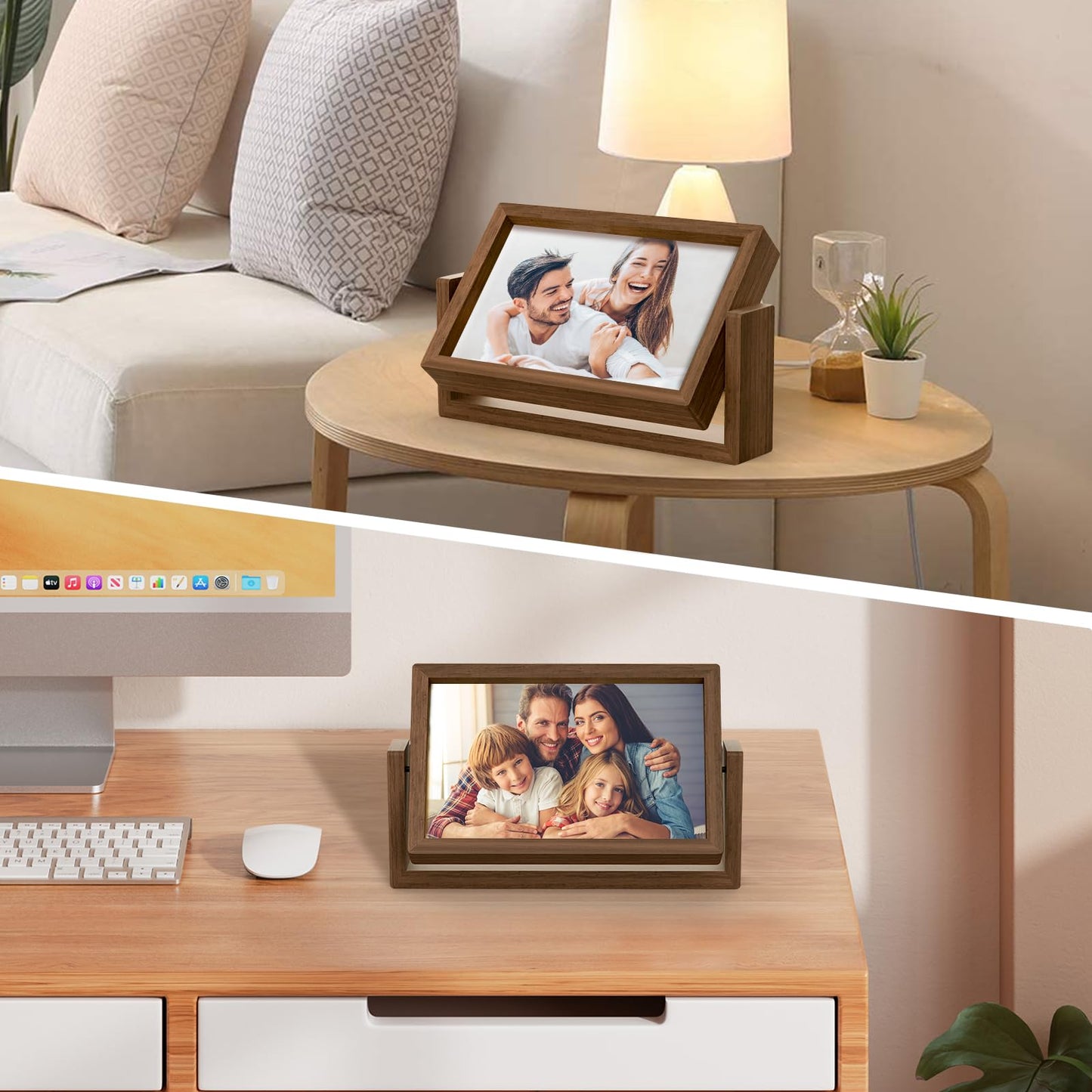 Mixoo 4x6 Picture Frame Rotating Photo Frame, Wooden Picture Frames 4x6 Horizontal Double sided Rustic Floating Frame for Desk Tabletop Family Office Wedding