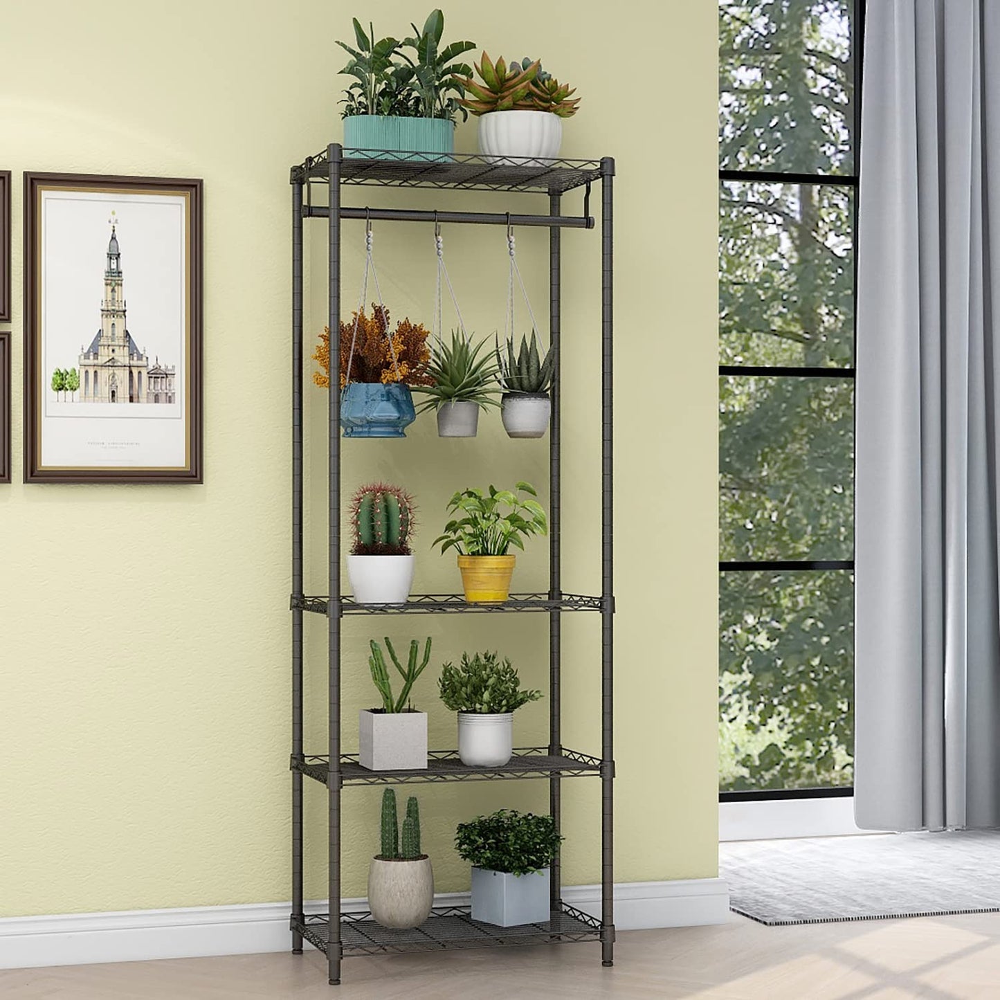 Xiofio 4-Tier Plant Shelf for Indoor Plants Outdoor, Large Multiple Flower Pot Holder Rack，Hanging Plant Stand 6pcs Hooks ,Adjustable Plant Stand Suitable for Bedroom Living Room Balcony Garden,Black