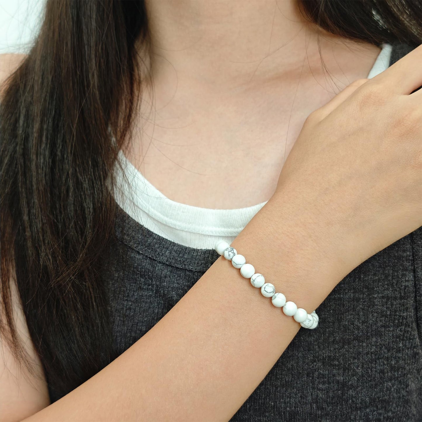 CHCCOYE 6mm Natural Healing Gemstone Bracelet Handmade Yoga Stretch Elastic Bracelet Stress Relief Crystal Jewelry for Men and Women (6mm, Howlite)