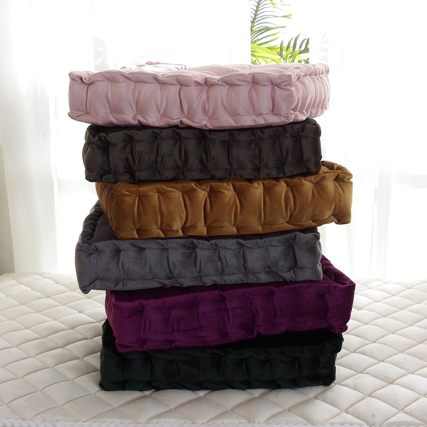 vctops Square Solid Color Velvet Seat Cushion with Handle Tufted Thicken Chair Pad Tatami Floor Pillow Cushion 16.5"x16.5"x4" Green