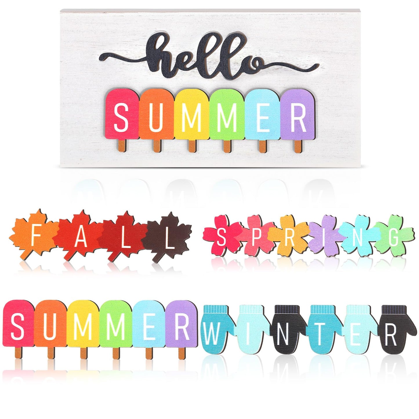 Roowest 5 Pcs Hello Spring Interchangeable Sign Seasonal Sign Summer Fall Winter Tiered Tray Decor 5.9 x 3 Inch Wooden 4 Seasons Farmhouse Table Centerpiece Decoration for Home Shelf Office(Fresh)
