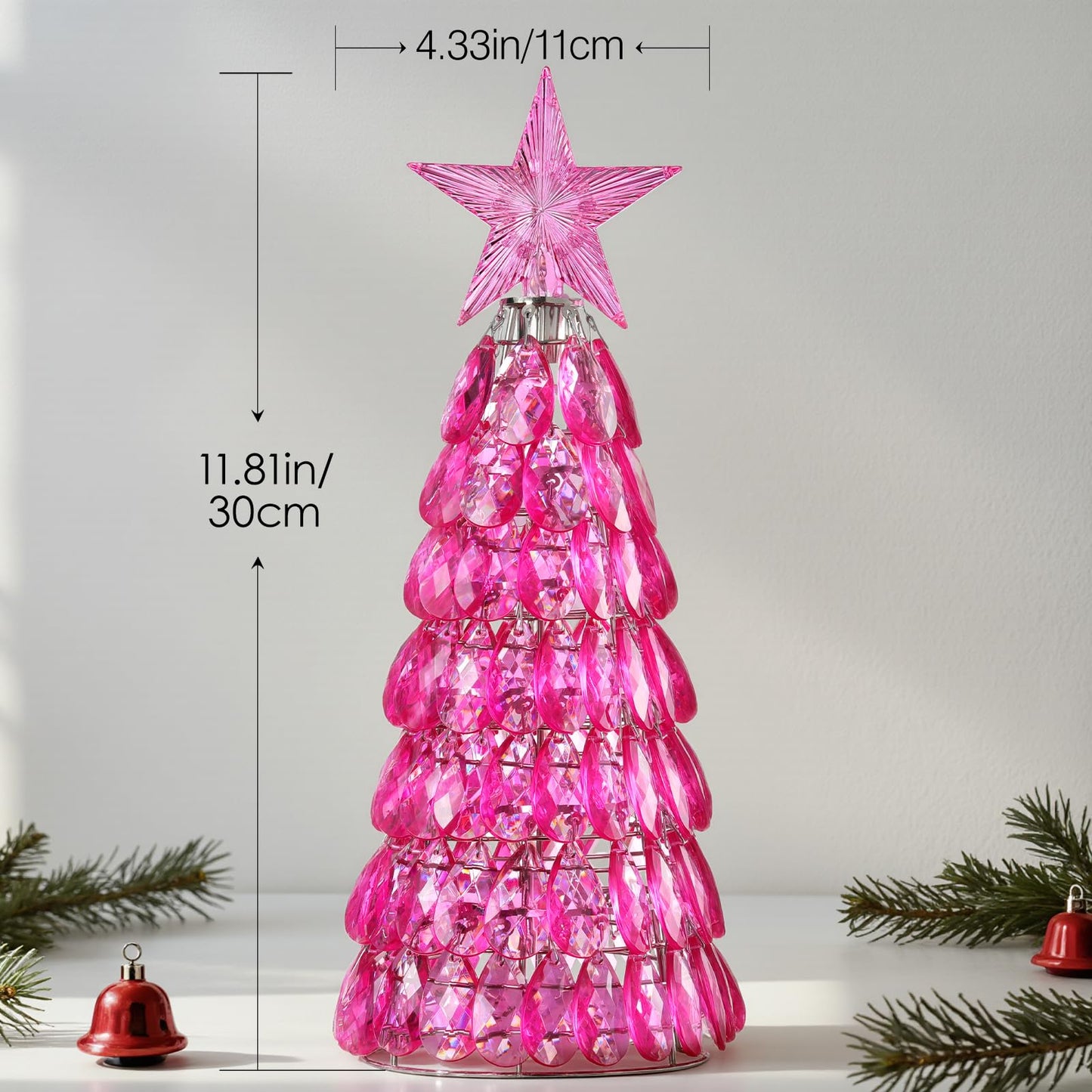 Lewondr Christmas Tree Lamp, 12 Inch Battery Powered Crystal Tabletop Lighted Christmas Decorative Light LED Lamp, Luxury Handmade Glittering Xmas Tree Table Decoration for Home Party Gift, Pink