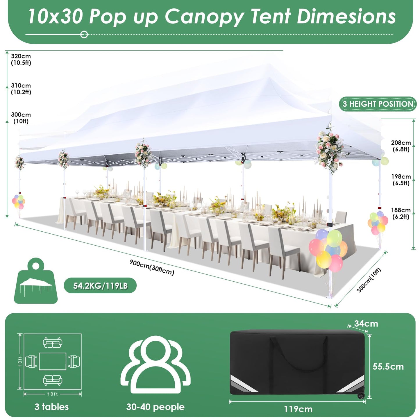 COBIZI Canopy Tent 10x30 Pop Up Canopy with 8 Removable Sidewalls Party Tents for Parties Wedding Patio Commercial Waterproof and UV50+ Ez Outdoor Instant Gazebo with Roller Bag & 4 Sandbags（White）