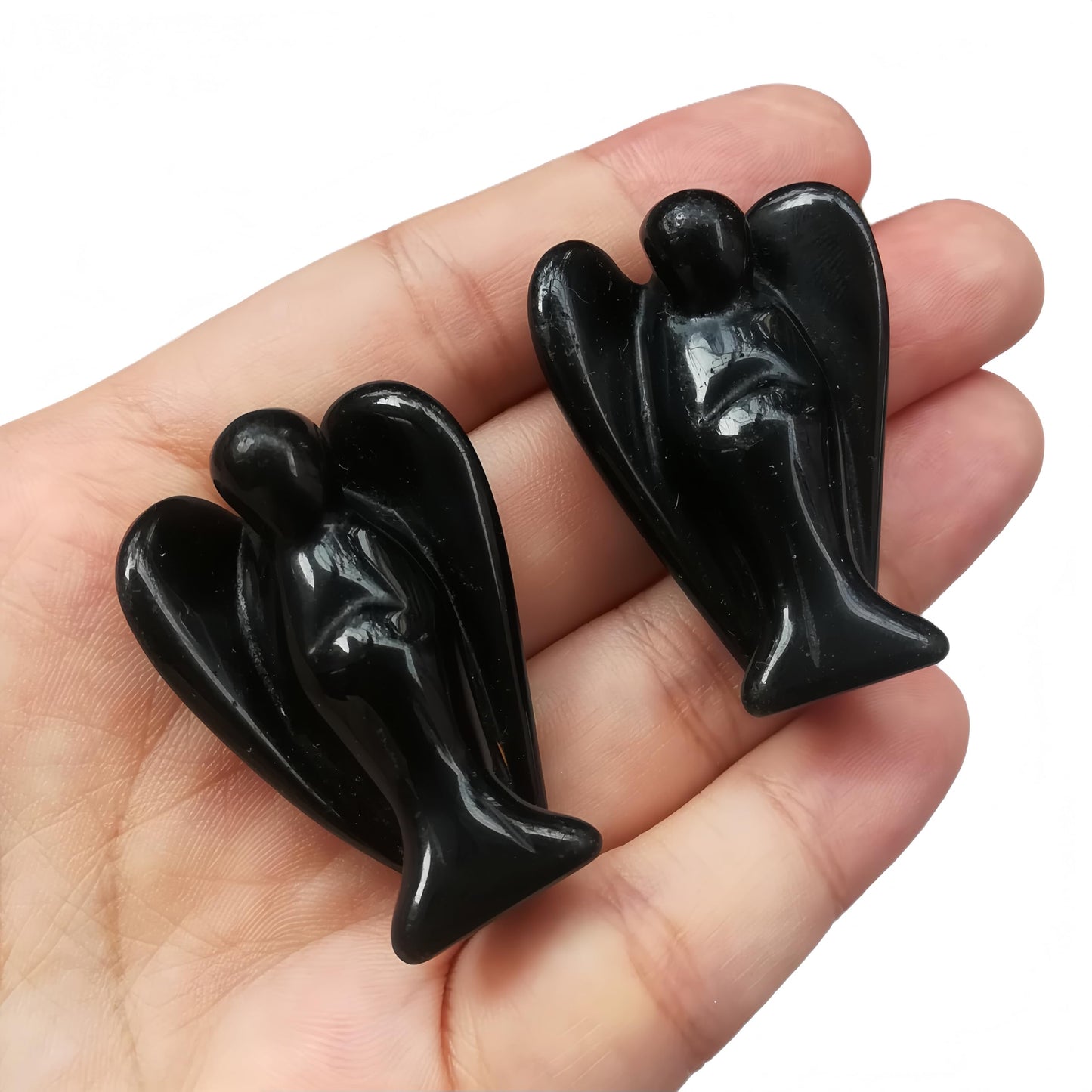 Afucats Natural Black Obsidian Healing Guardian Angel Indoor Decorative Stone,1.5 Inches Carving Pocket Palm Statue,Gift for Her Christmas Décor