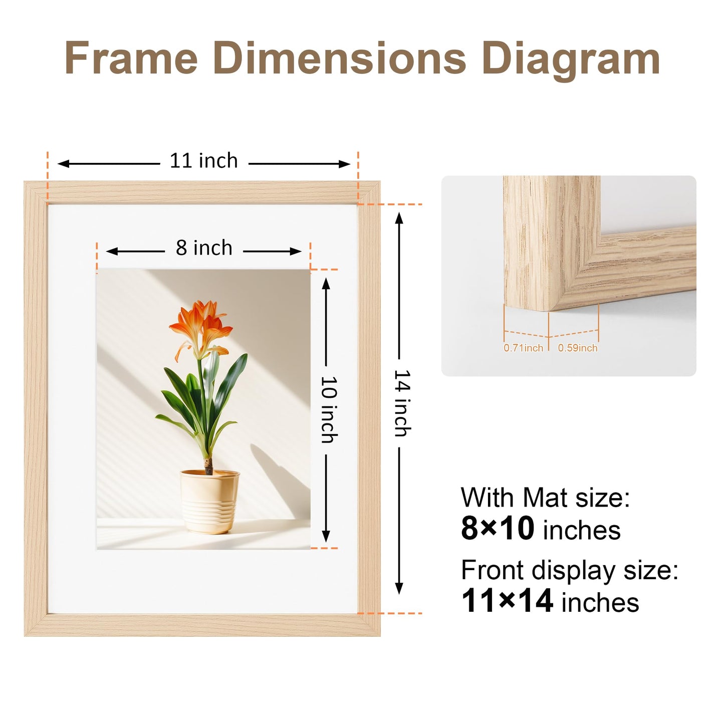 TONES FRAME DESIGN 11x14 Picture Frame with Mat to 8x10 Natural Wood Solid Veneer 11x14 Frame Set of 2 with Shatterproof Plexiglass, Wooden 11 x 14 Picture Frames for Poster Gallery Wall Home Decor, 2 Pack