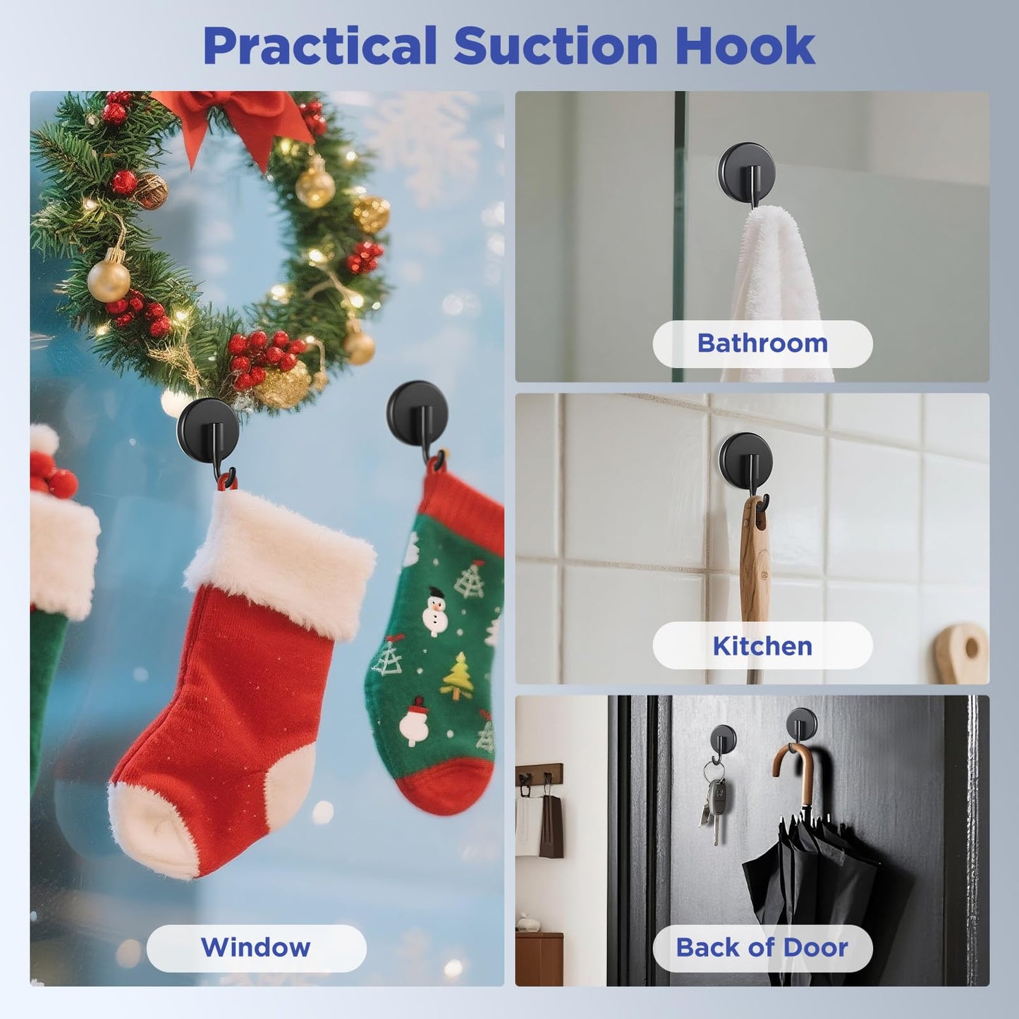 OUTXE Suction Cup Wreath Hanger, Upgraded Reef Hook for Front Door/Glass Window/Over Door, Christmas/Thanksgiving/Halloween/July 4th/Easter/Valentine/Spring/Summer/Fall (Black, 2-Pack)