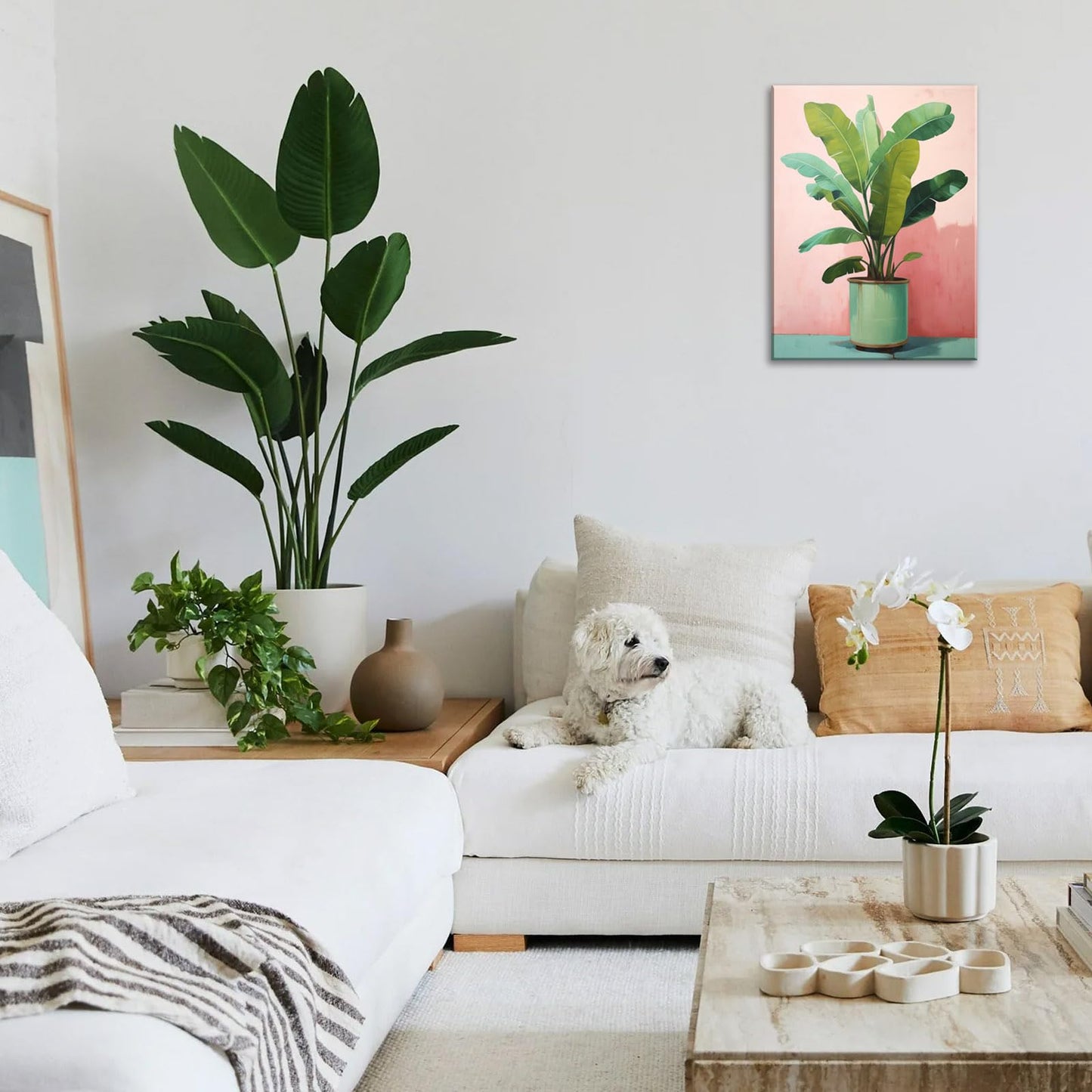 FUNHUA Vases Botanical Canvas Poster Green Plant Painting Wall Art House Plant Artwork Pink Wall Art for Living Room Bedroom Canvas With Wood Framed 12X16inches