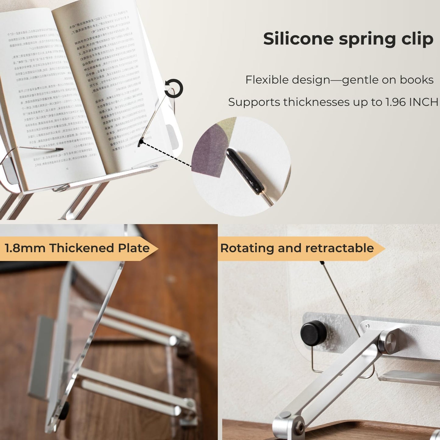 muso wood Acrylic Book Stand for Reading, Adjustable Book Holder with Walnut Storage and Elastic Clips, Desktop Riser Stand for Cookbook, Magazine, Tablet, Laptop