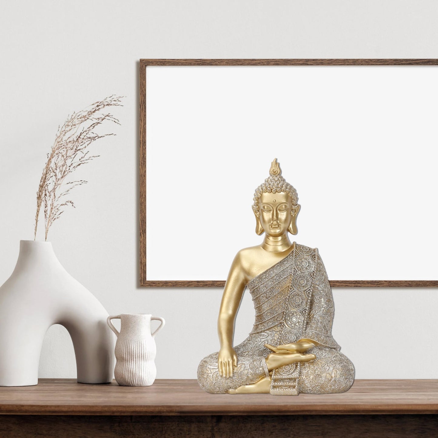 Golden Buddha Figurine - Meditating Seated Buddha Statue - Polyresin Statuary Meditation Figurine Altar Spiritual Decoration Indoor Outdoor Asia Sculpture for Garden, Patio, Deck, Porch Yard Art