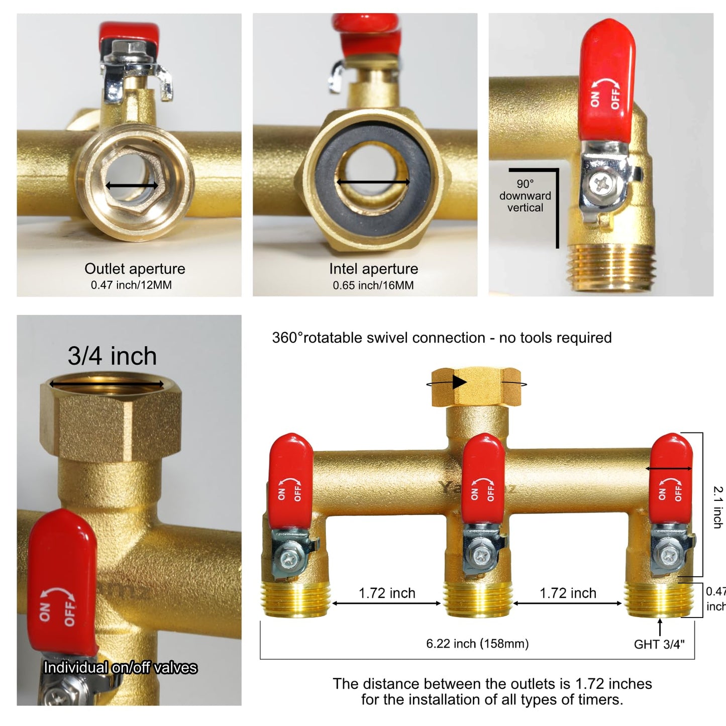 Heavy Duty Brass Garden Hose Splitter 3-Way,3/4" GHT Thread, High Flow Faucet Splitter, Water Hose T Spigot Splitter with Shut-off Valves,Water Adapter & Connector-Long Red Metal Handle